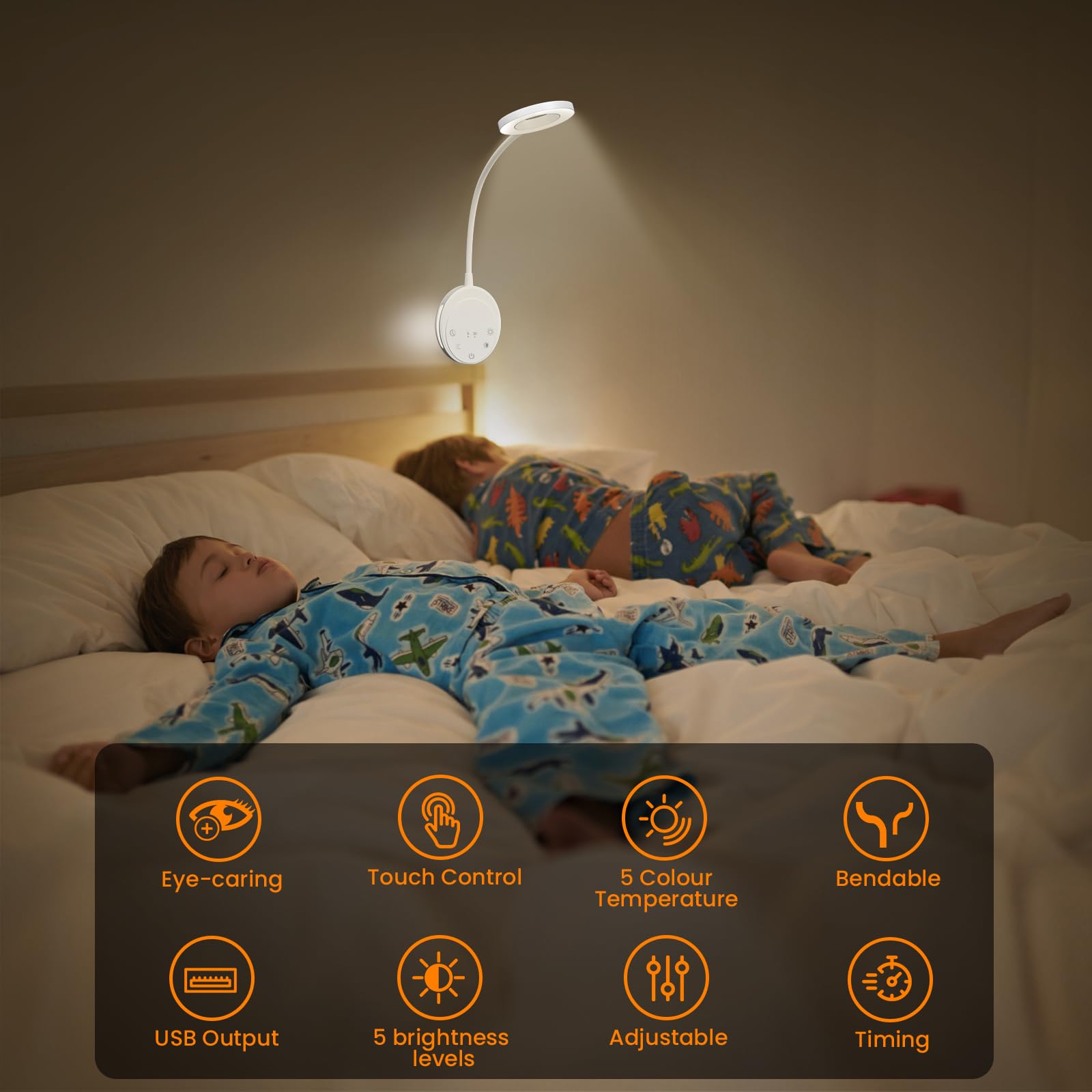 Naścienna lampka do czytania, lampki nocne z 5 temperaturami barwowymi i 5 ściemnianiami, elastyczna szyja 360°, wyjście USB, lampka nocna i funkcja timera