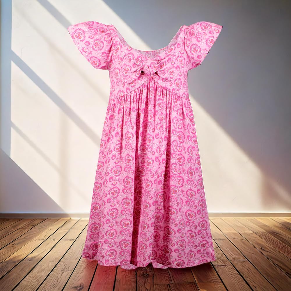 French Connection Vestido casual suave con estampado completo para niñas, vestido de verano con volantes y mangas voladas para niños