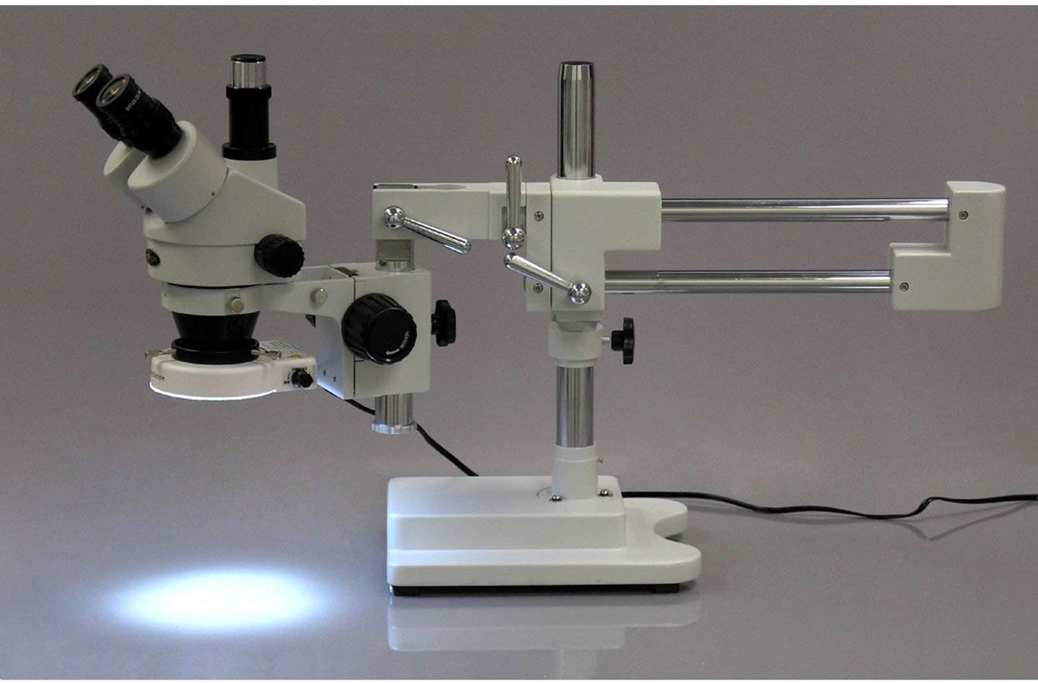 AmScope SM-4TZ-80S Professional Trinocular Stereo Zoom Microscope, WH10x Eyepieces, 3.5X-90X Magnification, 0.7X-4.5X Zoom Objective, 80-Bulb LED Ring Light, Double-Arm Boom Stand, Includes 0.5X and 2.0X Barlow Lens