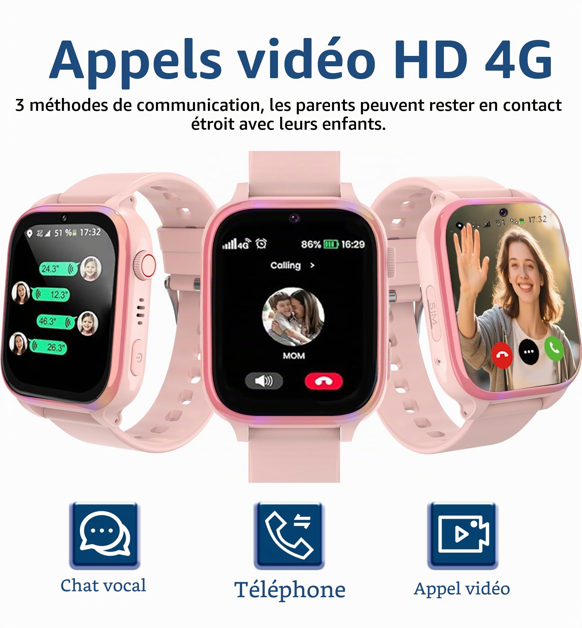 4G Montre Connectée Enfant, Montre GPS Enfant Téléphone avec Appel Vidéo SOS Réveil Appareil Caméra IP68 Mode Scolaire Jeux Chat,Smartwatch Cadeau pour Filles et Garçons (Rose)