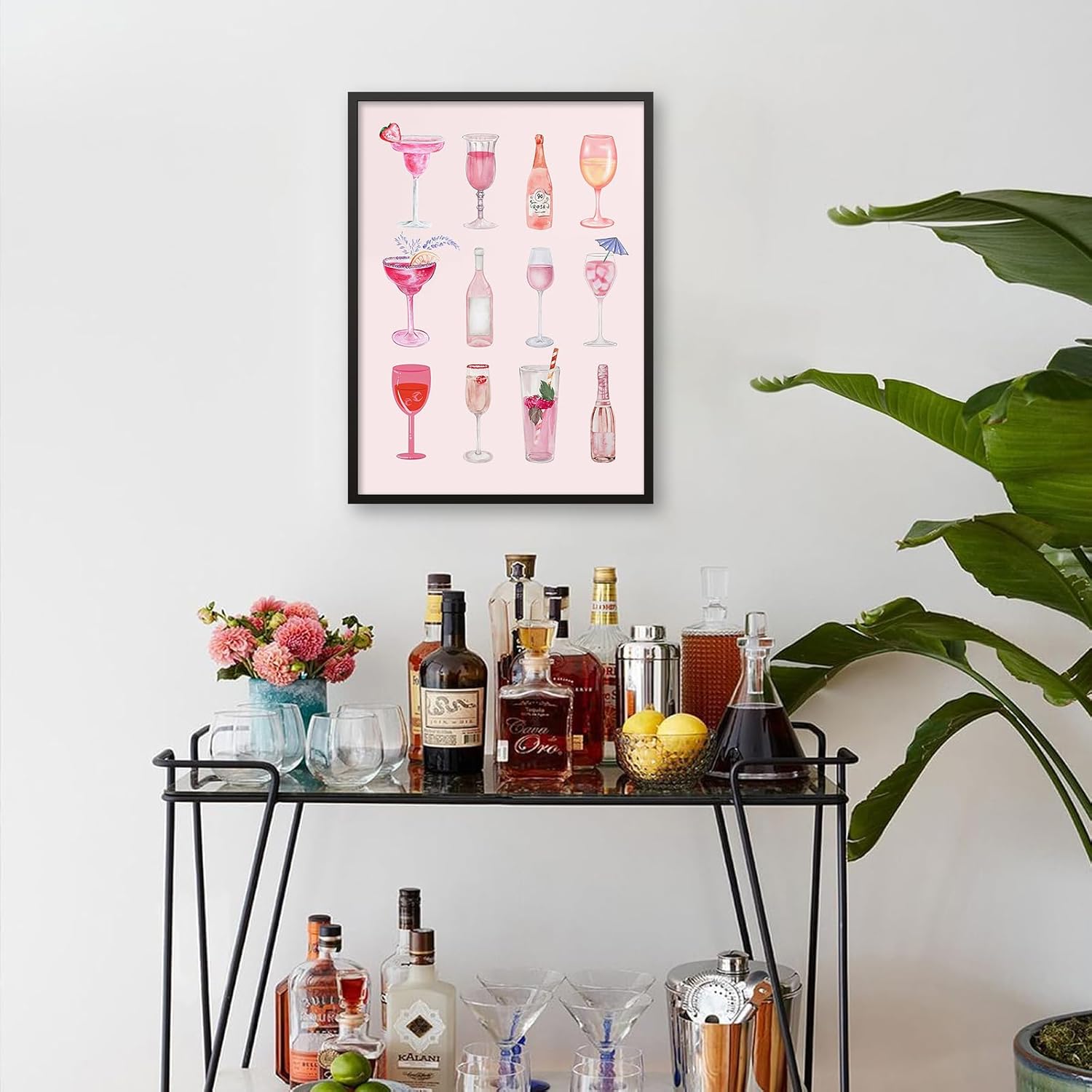 Coquette Trendy Pink Cocktail Poster Vintage Champagne Wine Bottle Wall Art 24X36 inch Black Framed Watercolor Canvas Prints for Living Room Bar Cart Wall Decor