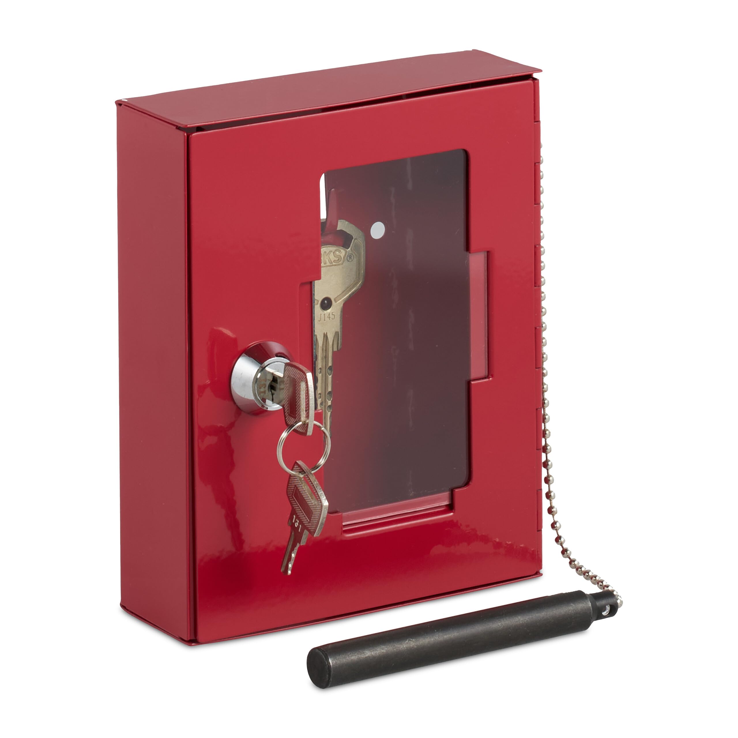 Relaxdays Caja para Llave de Emergencia, Cajetín con Ventana de Vidrio y Rompecristales, Cerradura, Cajita Metal, Rojo
