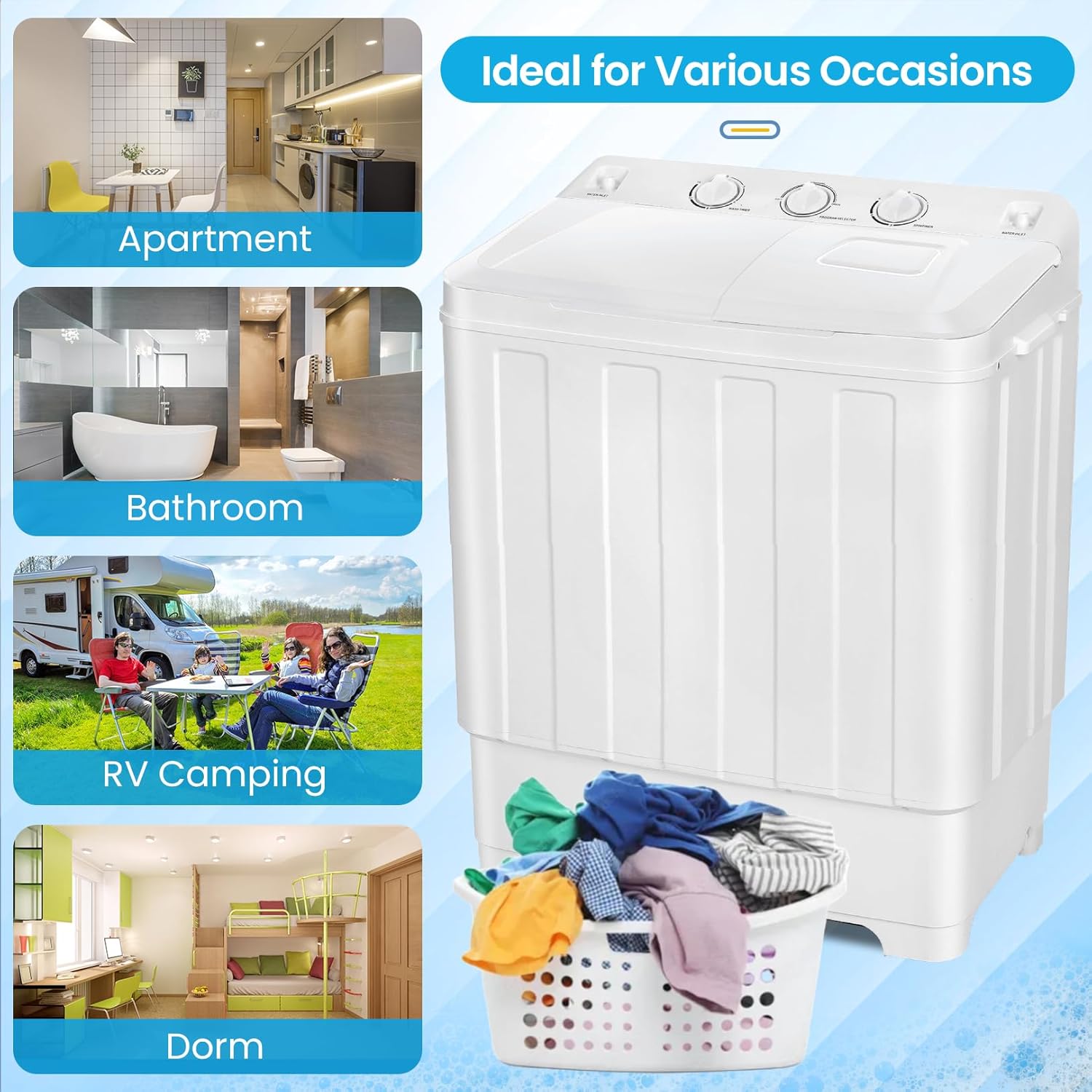 Nictemaw Portable Washing Machine 30Lbs Capacity Washer and Dryer Combo 2 In 1 Compact Twin Tub Laundry Washer (19Lbs) & Spinner (11Lbs) with Drain Pump, Time Control, for Apartment Dorms RV, White