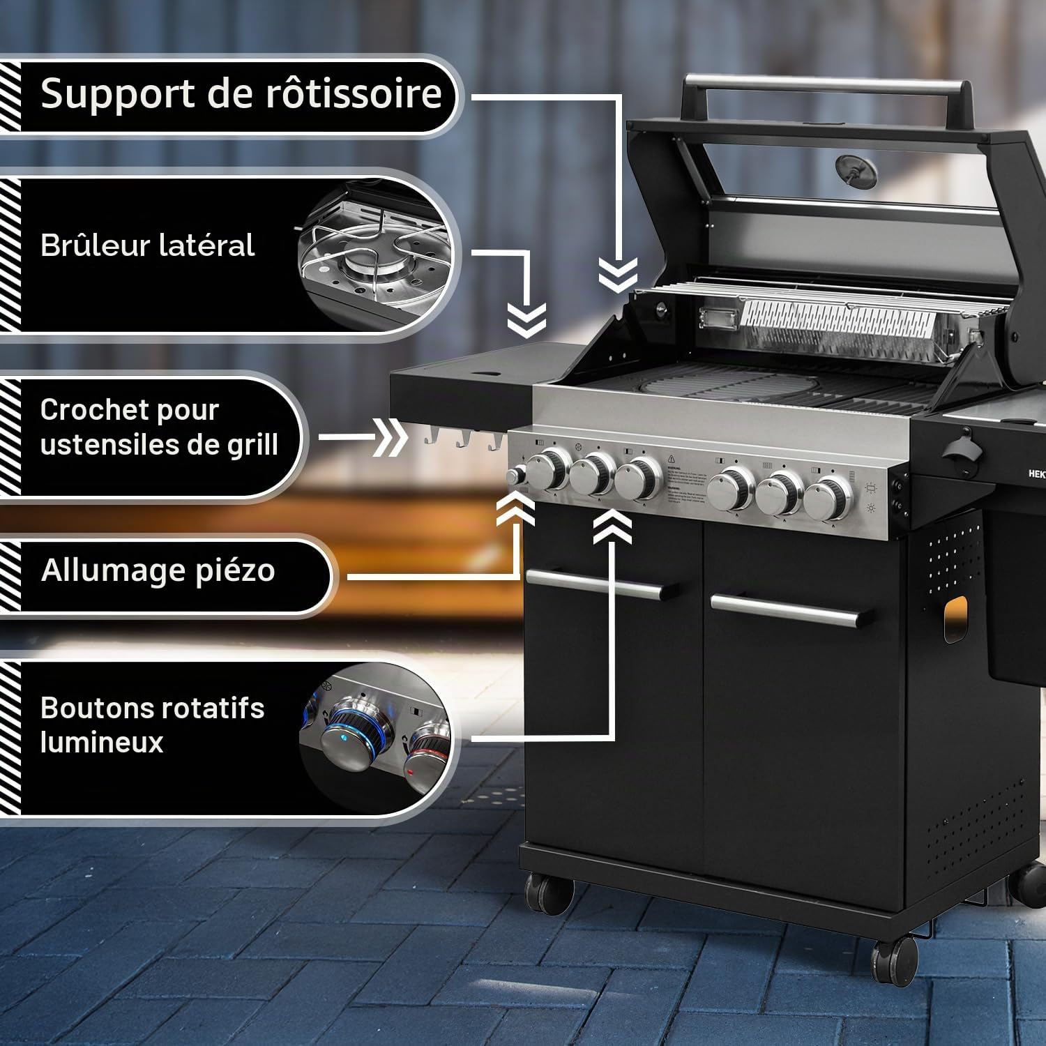 Barbecue à gaz Feuergott Hector 4B-S avec broche rotative et housse de protection avec 4 brûleurs, brûleur Sear, grille en fonte, brûleur arrière, réchaud latéral, fenêtre de visualisation et
