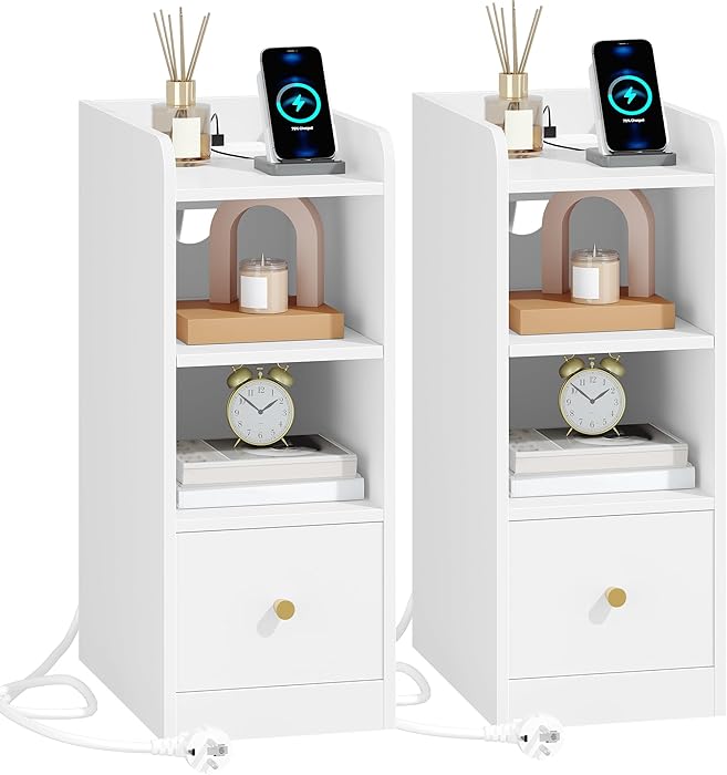 Hzuaneri Table de Chevet Lot de 2, avec Multiprise, Port USB et Type C, Table d'appoint Étroite, Espace de Rangement à 3 Niveaux avec 1 Tiroir, pour Chambre à Coucher, Salon, Blanc NS36503X : Amazon.fr: Cuisine et Maison