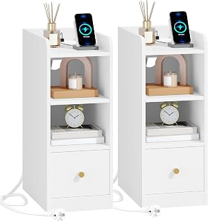 Hzuaneri 2 Pack Bedside Table with Power Strip, USB Port and Type C Port, Narrow Side Table, 3 Tier Storage Space with 1 Drawer, for Bedroom, Living Room, White NS36503X