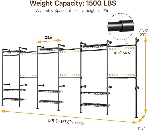 Miniatura 2 de H6 - Sistema de armario para montaje en pared, perchero industrial con 6 varillas telescópicas, 3 varillas de fijación y 9 estantes, organizadores