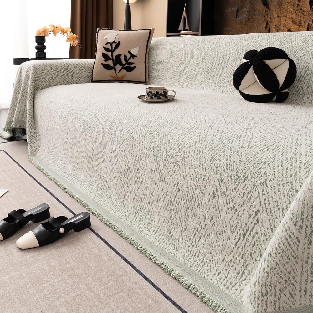 LIQOOEO Textured Chenille Couch Cover with Boho Tassel