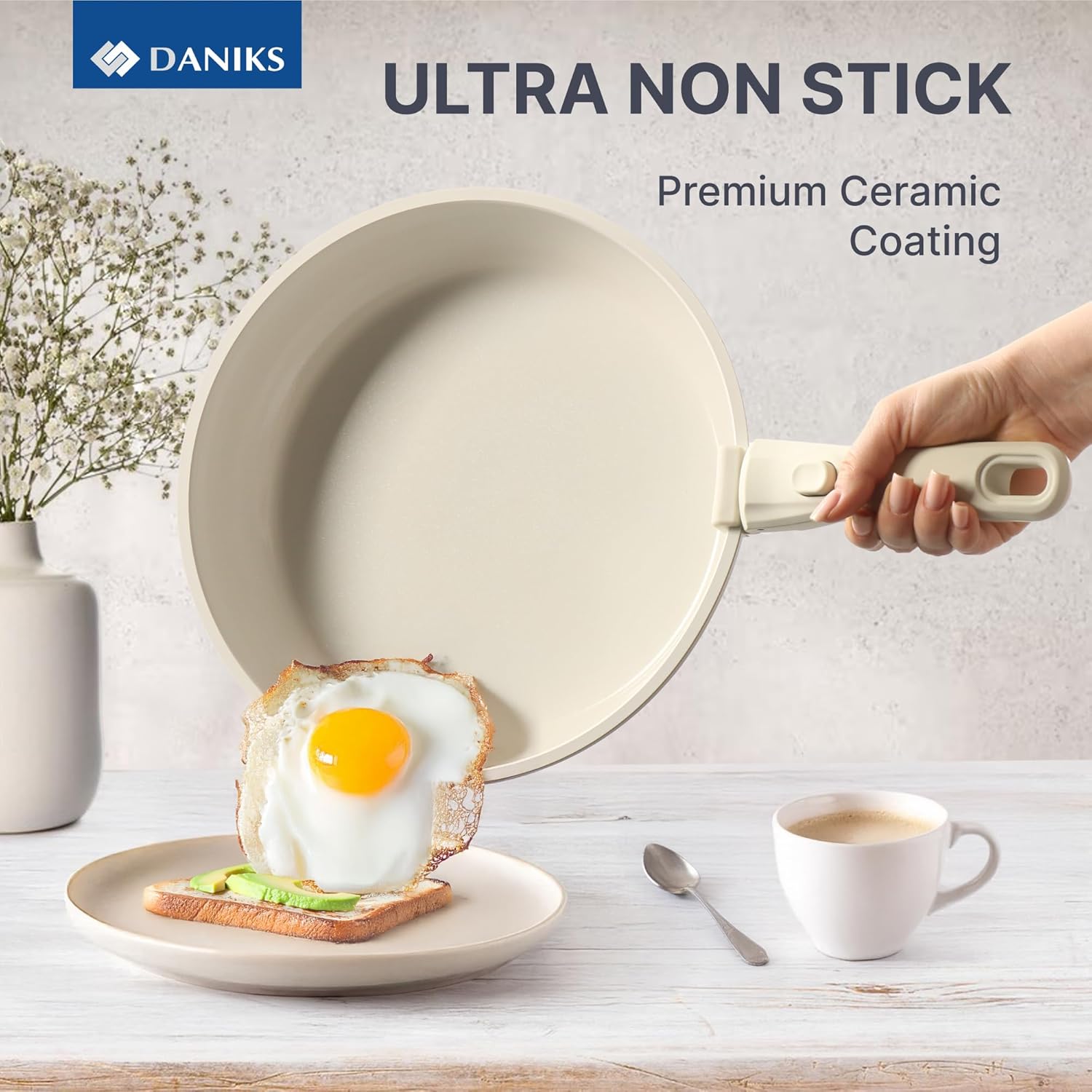 Daniks 9-Piece Nonstick Ceramic Pots & Pans for Induction. Healthy, Non-Toxic, Removable Silicone Handles, Oven & Dishwasher Safe, Beige