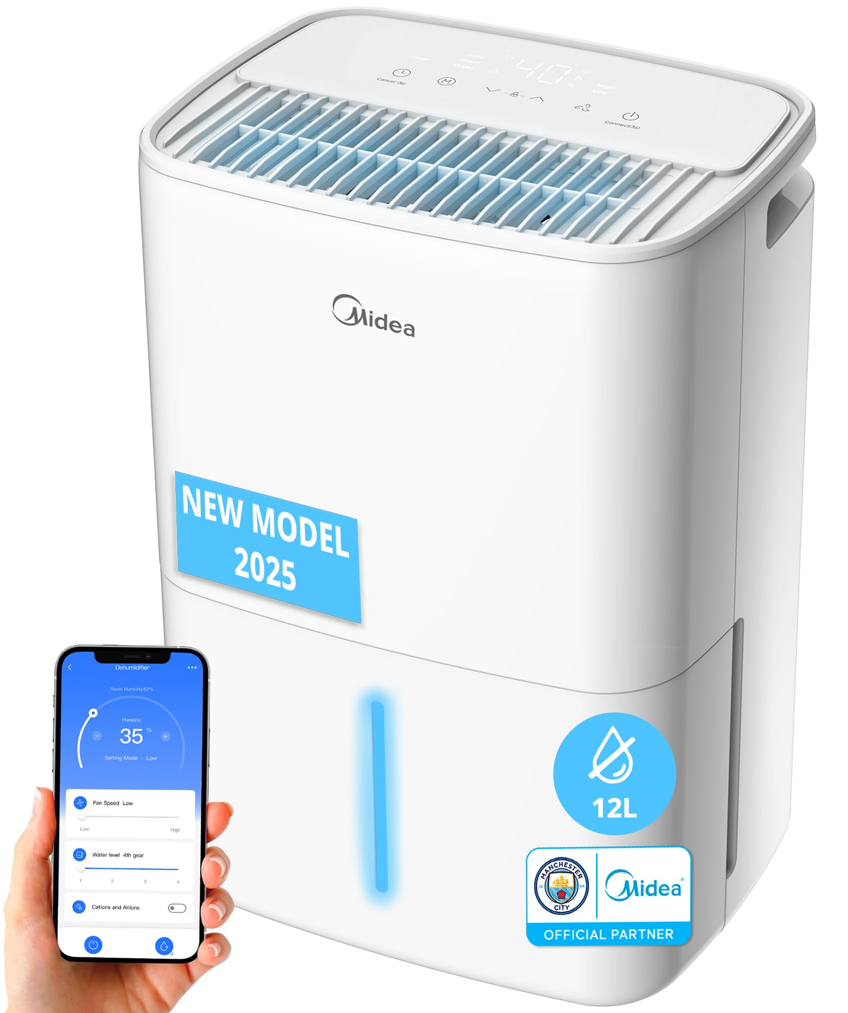 MIDEA Luftentfeuchter, Anti-Schimmel, 12 l, intelligenter Kompressor und App, elektrischer Feuchtigkeitsabsorber, Trocknung der Wäsche, automatischer Feuchtigkeitssensor und Kondensationsschutz