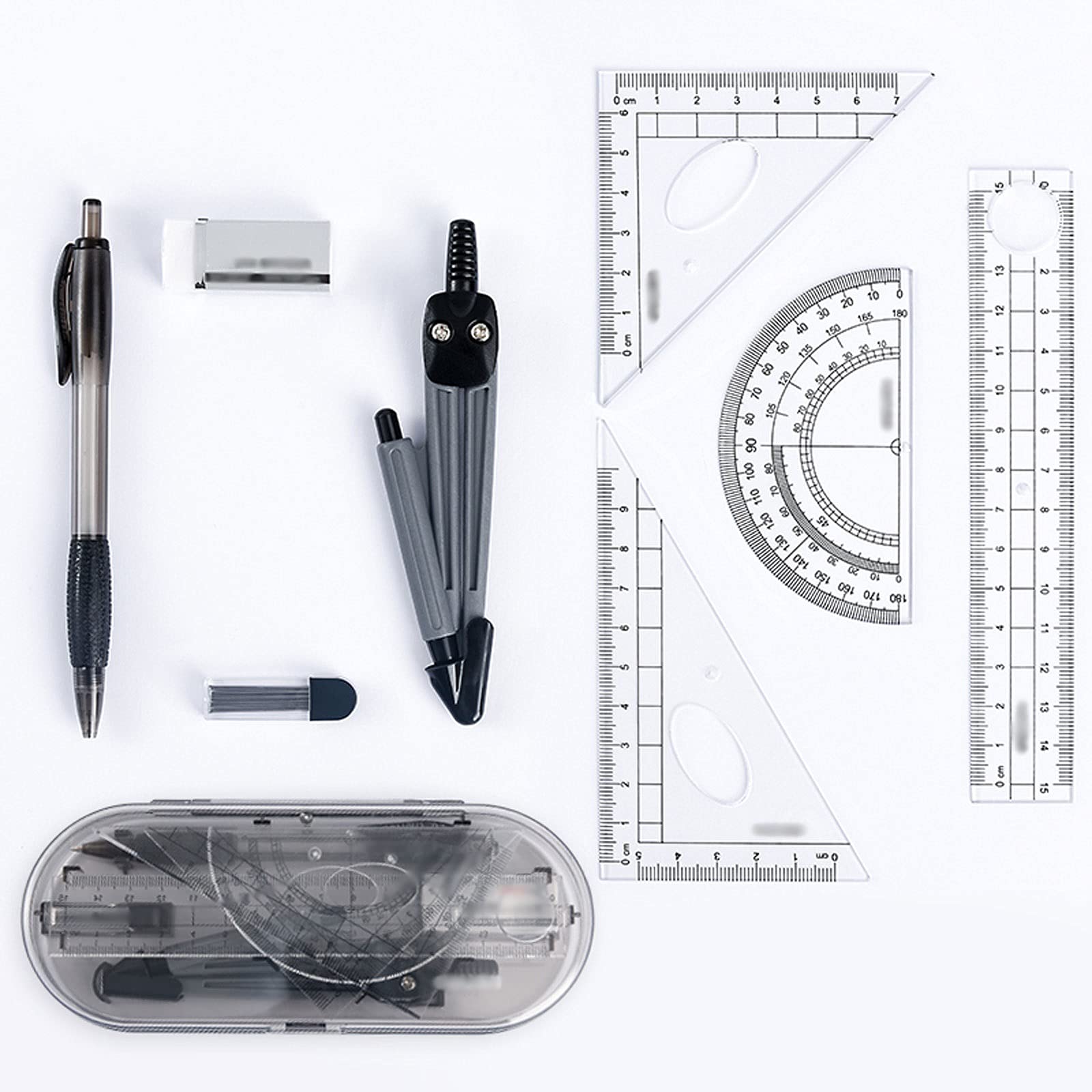 Mathe-Geometrie-Set, 8-teiliges Zirkel-Set, Kompass, Winkelmesser-Set, Mathe-Kompass mit Winkelmesser, Lineal, Stift für mathematische Geometrie, schwarzes Geometrie-Set