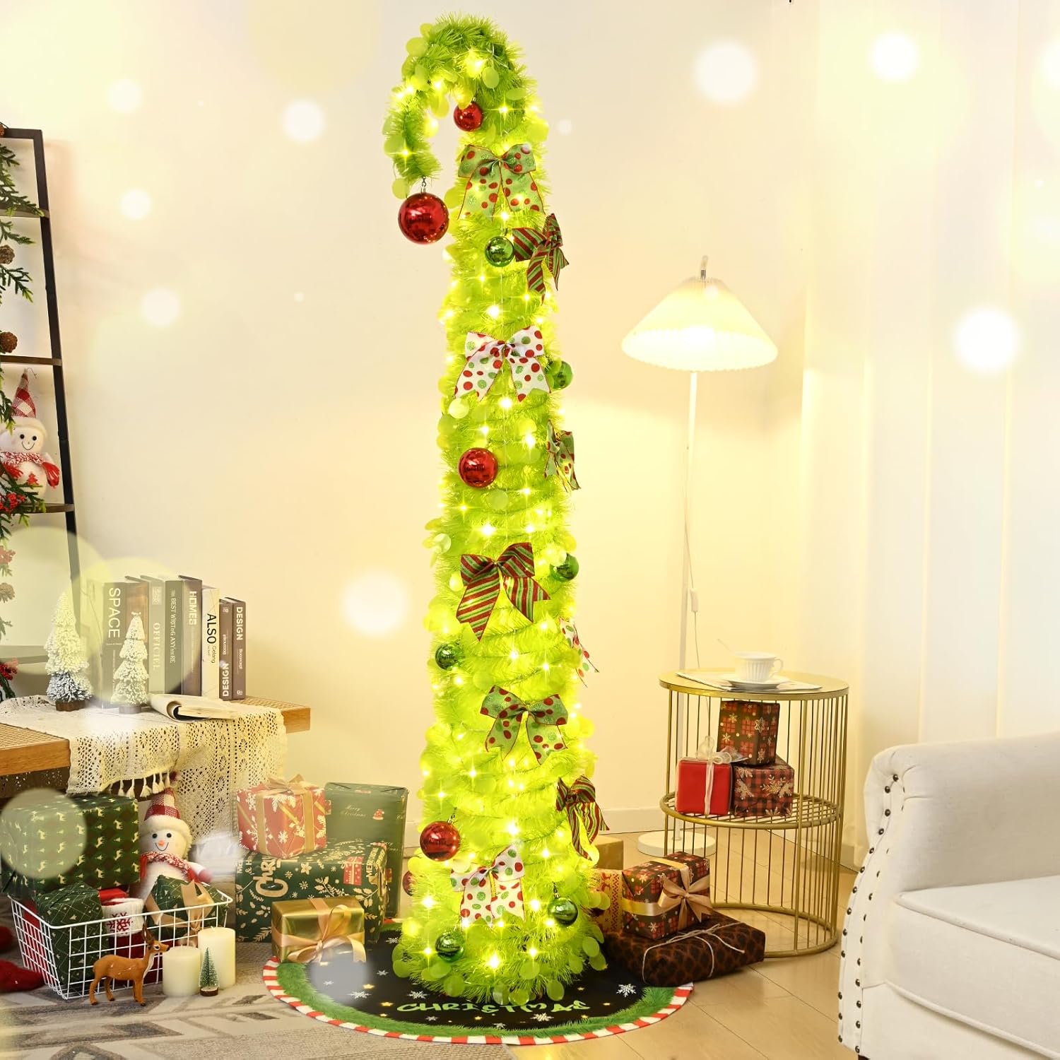 NatuBeau 6FT Lime Green Pop Up Christmas Tree with 150 LED Lights & Skirt, Collpsible Bendable Whimsical Christmas Tree with Ball Ornaments Bows for Indoor Outdoor Home Decor