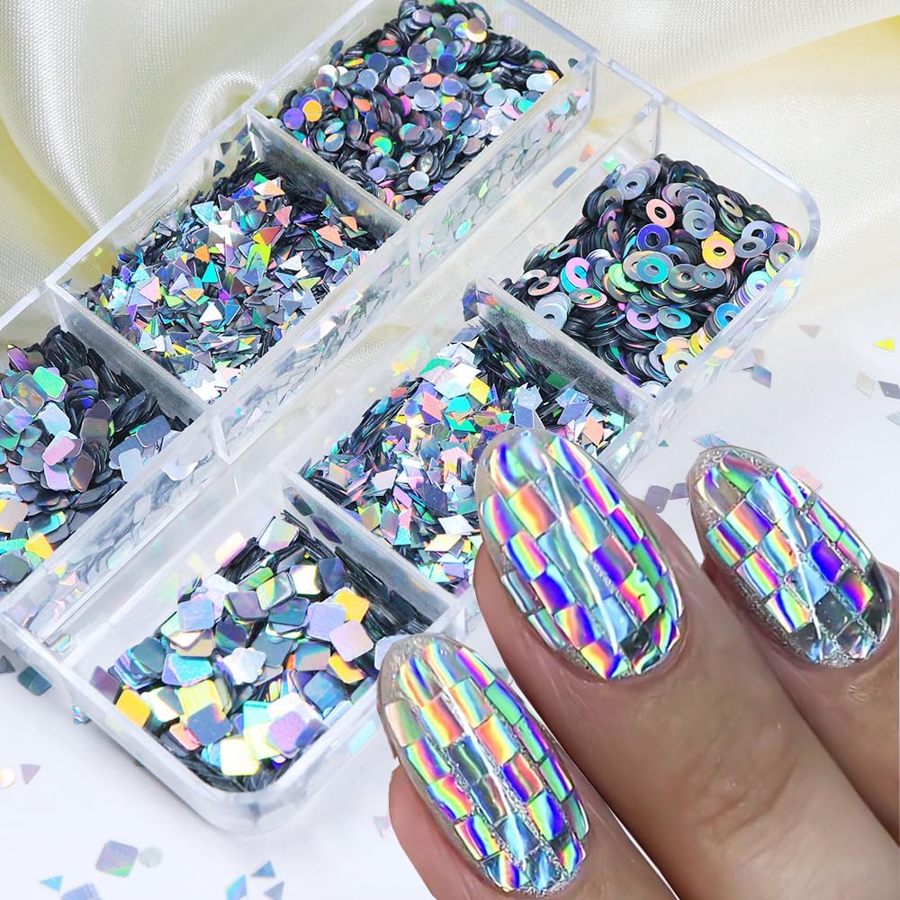 3D Holographic Laser Silver Glitter Nail Art Sequins, 6-Grid Sparkly Sequin Nails Charms Shiny Nail Glitter Flakes Geometric Paillette Glitters Laser Silver Sequins for Crafts Fingernail Decor Flakes
