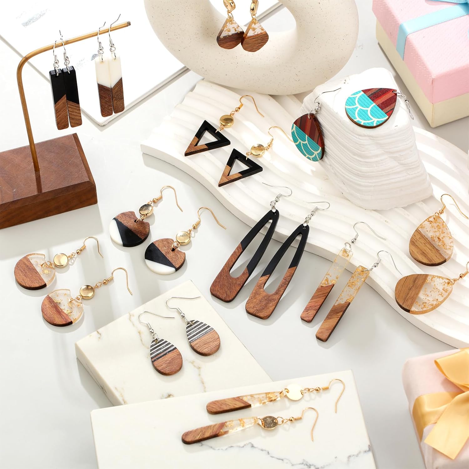 Henoyso 12 Pairs Wooden Earrings for Women Boho Dangle Geometric Lightweight Studs Resin Statement Earring - Image 4