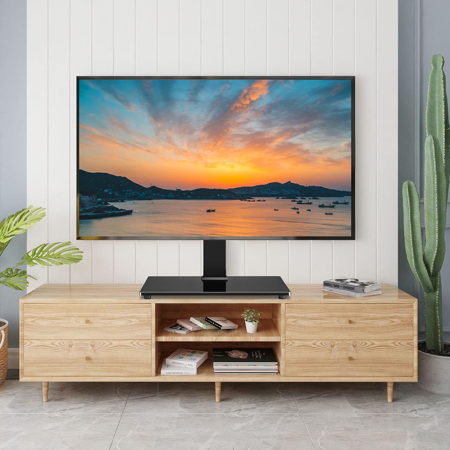5Rcom Universal Swivel Tabletop TV Stand with Mount for 37 40 42 47 50 55 60 65 70 75 Inch Flat or Curved Screen TVs with Tempered Glass Base Height Adjustment, VESA 600x400mm