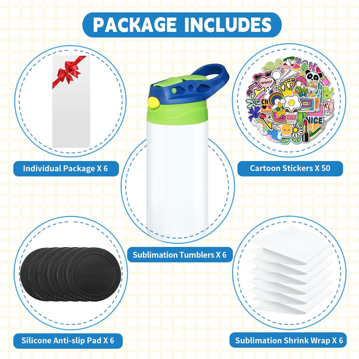 6 PACK Kids Sublimation Tumblers, 12oz Blank Sippy Cups, Stainless Steel Sublimation Water Bottle Blanks for DIY Heat Press Print Crafting Gift (6pack) - Image 4