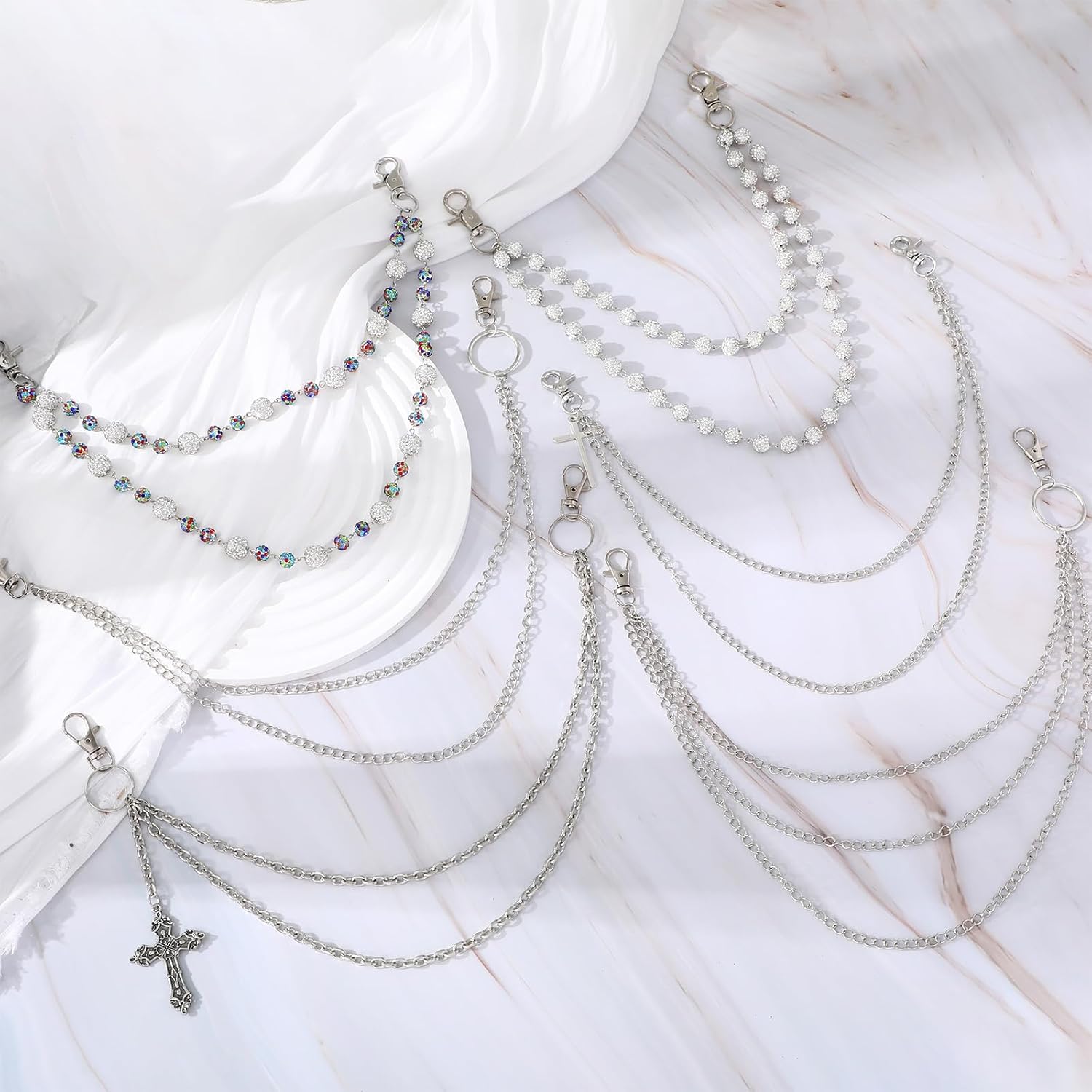 Quelay 6 Pcs Goth Pants Chain Punk Jean Pocket Chains Sparkly Ceramic Beads Wallet Chain Belt Silver Multi Layer Key Hip Hop Chains for Women Men Accessories - Image 6