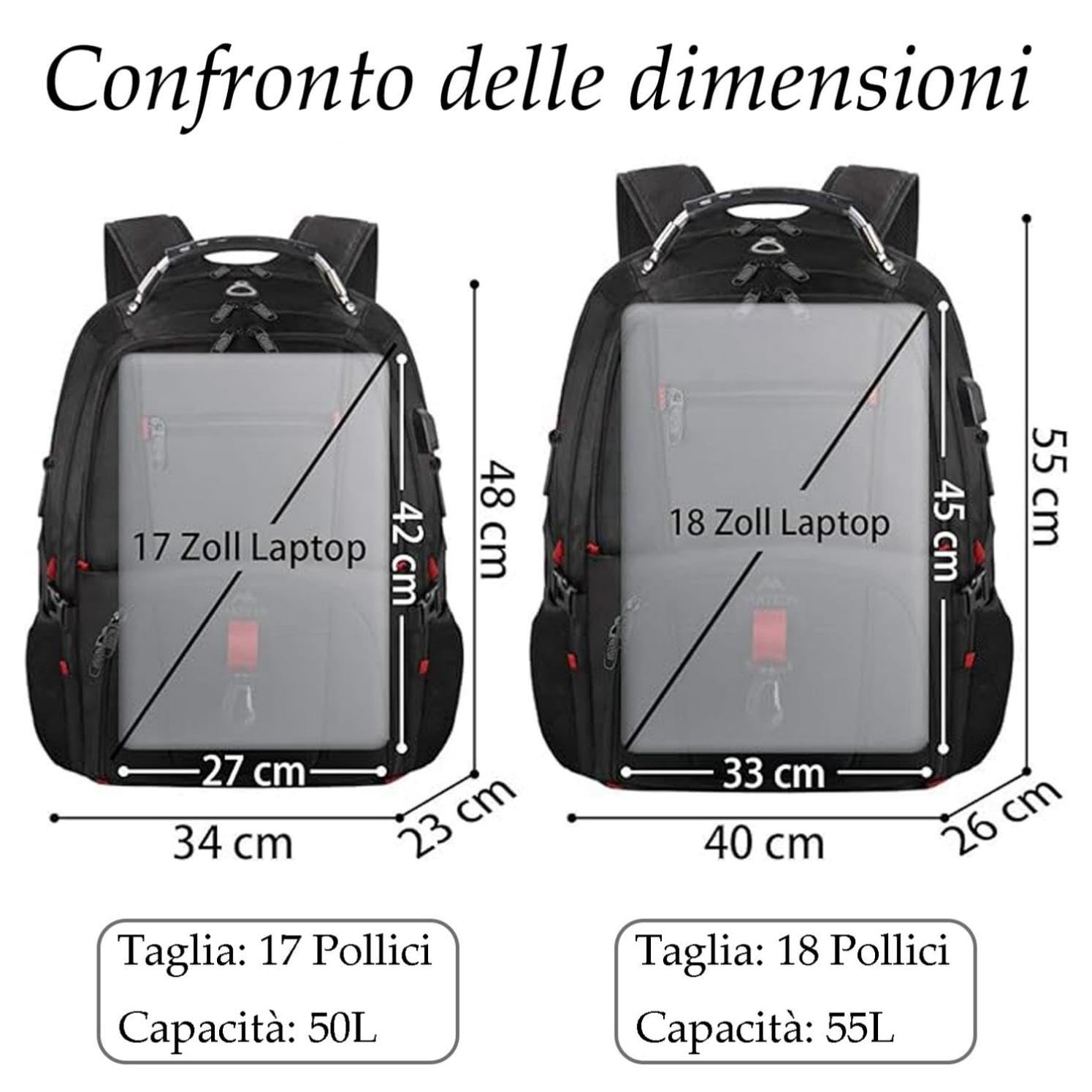 MATEIN Zaino Uomo Grande 55L, Zaino Porta PC 18.4 pollici, Lavoro Impermeabile Antifurto Zaino per Laptop Computer Notebook Borse per PC Portatili con Caricatore USB per Viaggio Scuola Alunno Nero