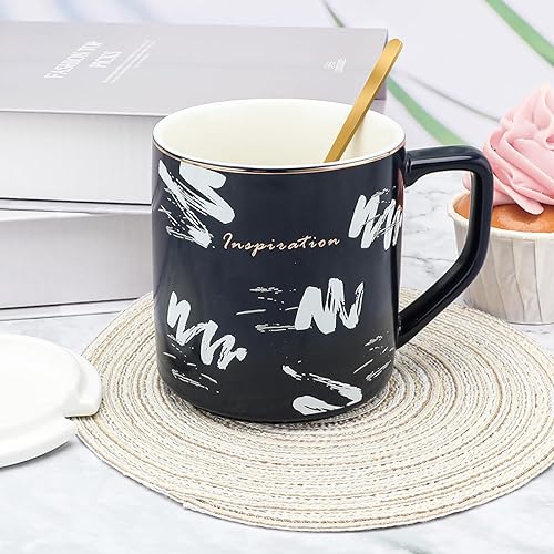 Miniatura 6 de Taza de café de cerámica de 12.8 onzas, tazas de patrón abstracto simple con tapa y cuchara para oficina y hogar, bebida de café, café con leche,
