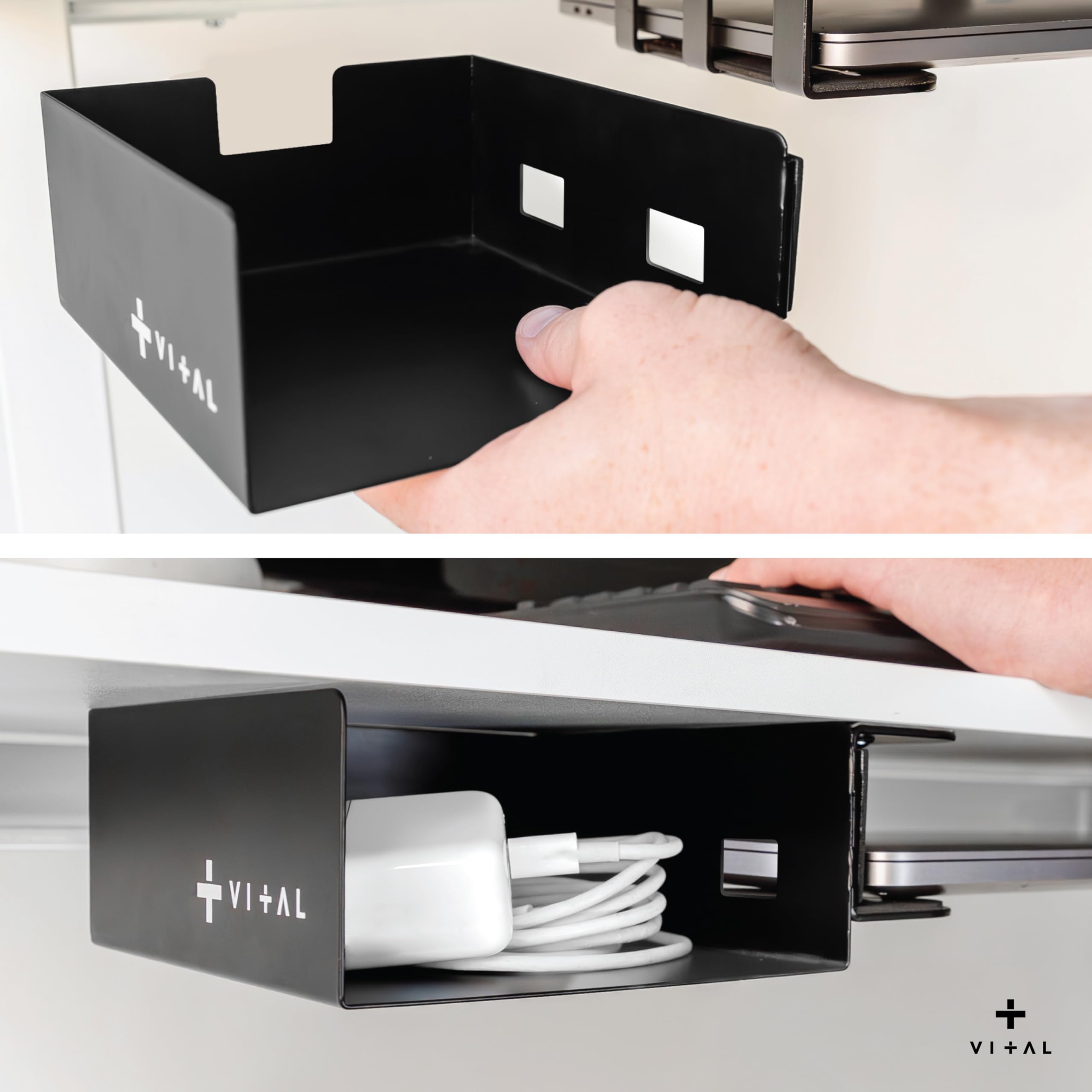 VI+AL Supporto da scrivania per computer portatile, ripiano nascosto in metallo con spazio laterale, si installa con nastro e viti, adatto a dispositivi fino a 4,3 cm di spessore, standard (senza