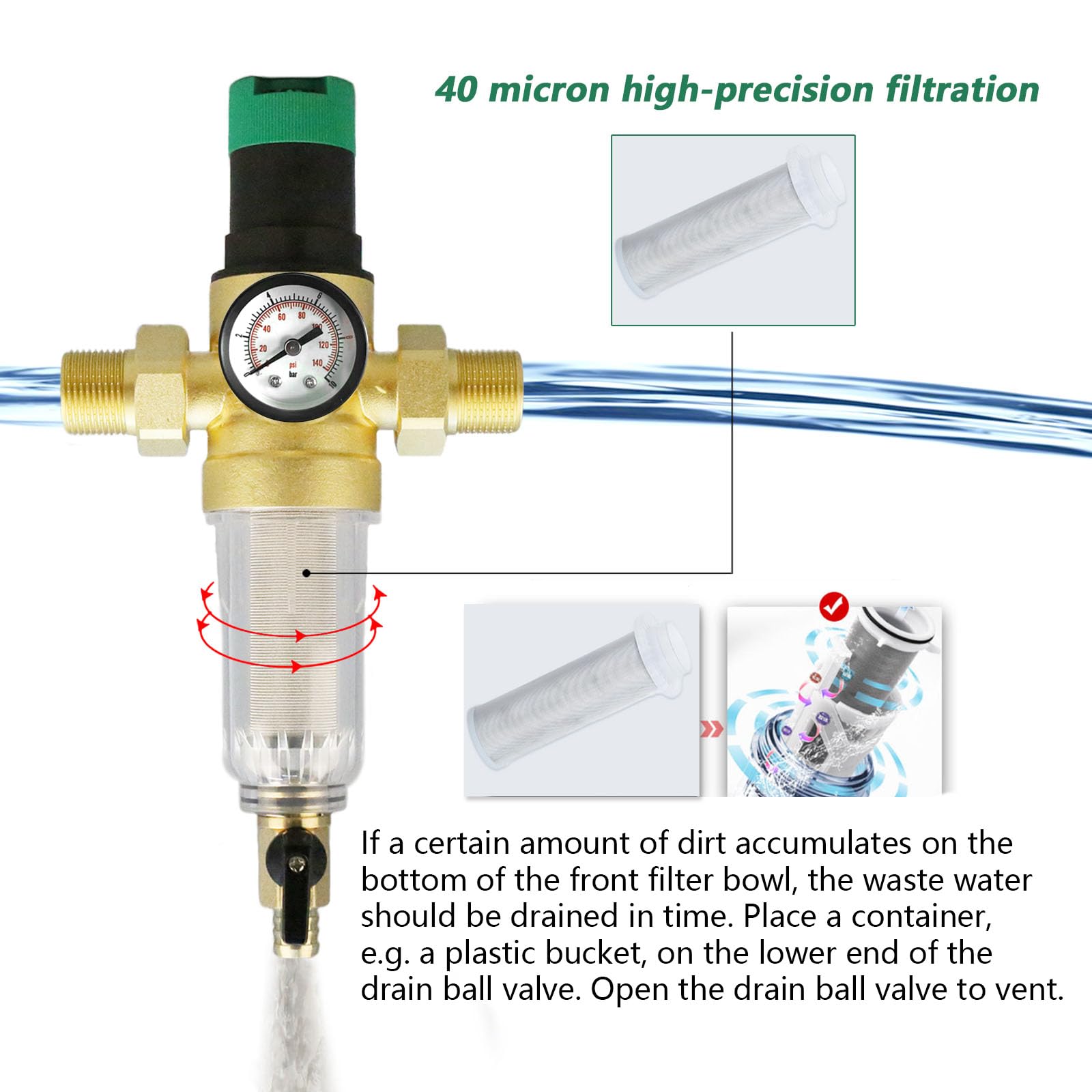 Rückspülfilter mit Druckminderer und Manometer, Wasserfilter 3/4 Zoll Hausanschluss Wiederverwendbare Druckminderer Wasserfilter Vorfilter Sedimentfilter Wasserdruckminderer Druckregler Messing