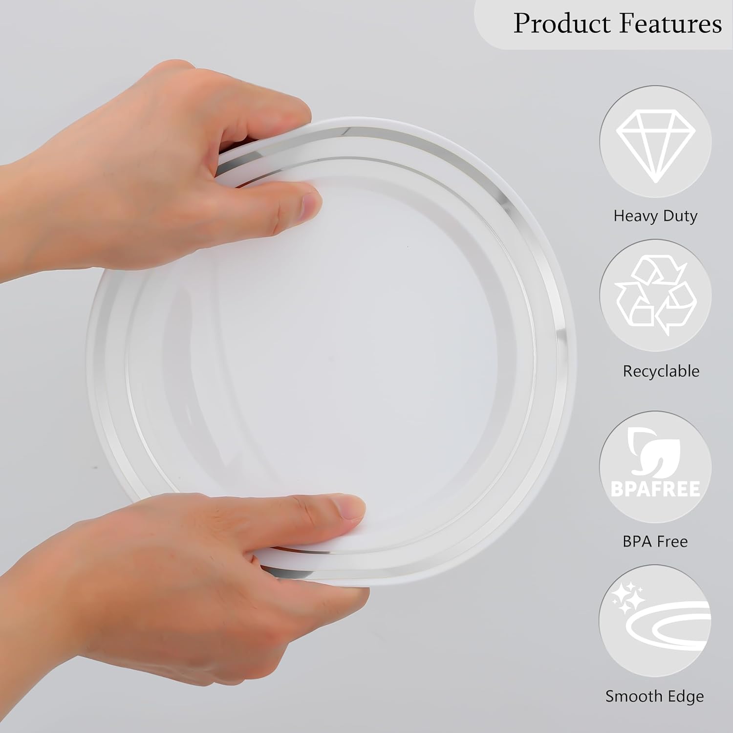 50 PCS Silver and White Plastic Plates for 50 Guests,10.25inch Silver Rimmed White Disposable Plastic Plates for Wedding,Party,Birthday,Smooth Edge & Heavy Duty Dinner Plate - Image 4