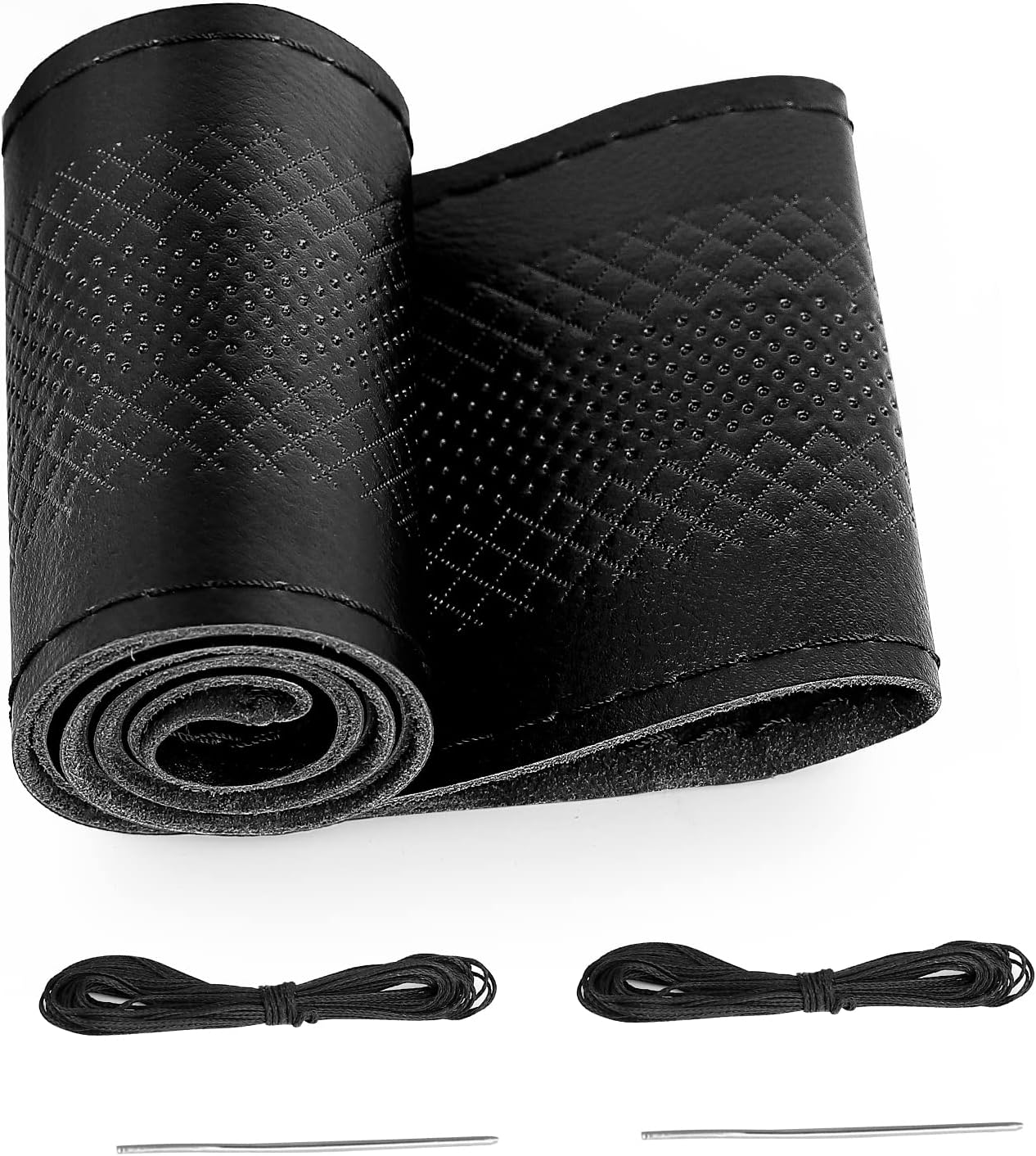 BELINOUS Leather Steering Wheel Cover Lace Up, Embossed Steering Wheel Wrap Fit for 13 3/4-16 Inch Car, Stitch on Wrap DIY w/Needle Thread (Size M4, Black)