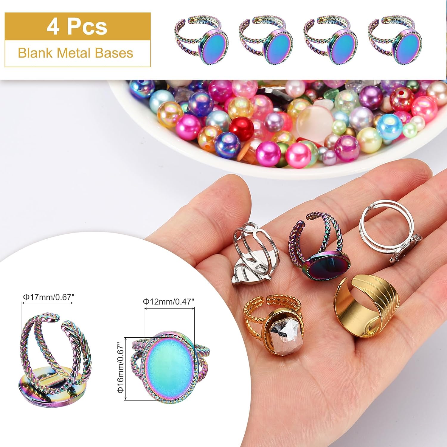 MECCANIXITY 4Pcs Stainless Steel Ring Base Blank, 16x12mm, Rainbow image 2