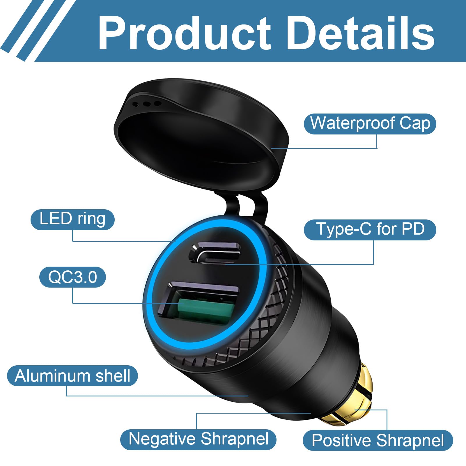 Cargador de aluminio DIN Plug to USB C 30W 5A QC 3.0 Enchufe USB DIN Cargador rápido para motocicleta impermeable Adaptador con LED azul para BMW Triumph Ducati Tiger Style Europ DIN Hella Socket