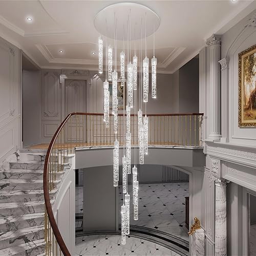 Candelabros plateados de 157 pulgadas de largo con 25 luces para entrada, luces colgantes de techo alto, luz de gota de cristal para sala de estar,