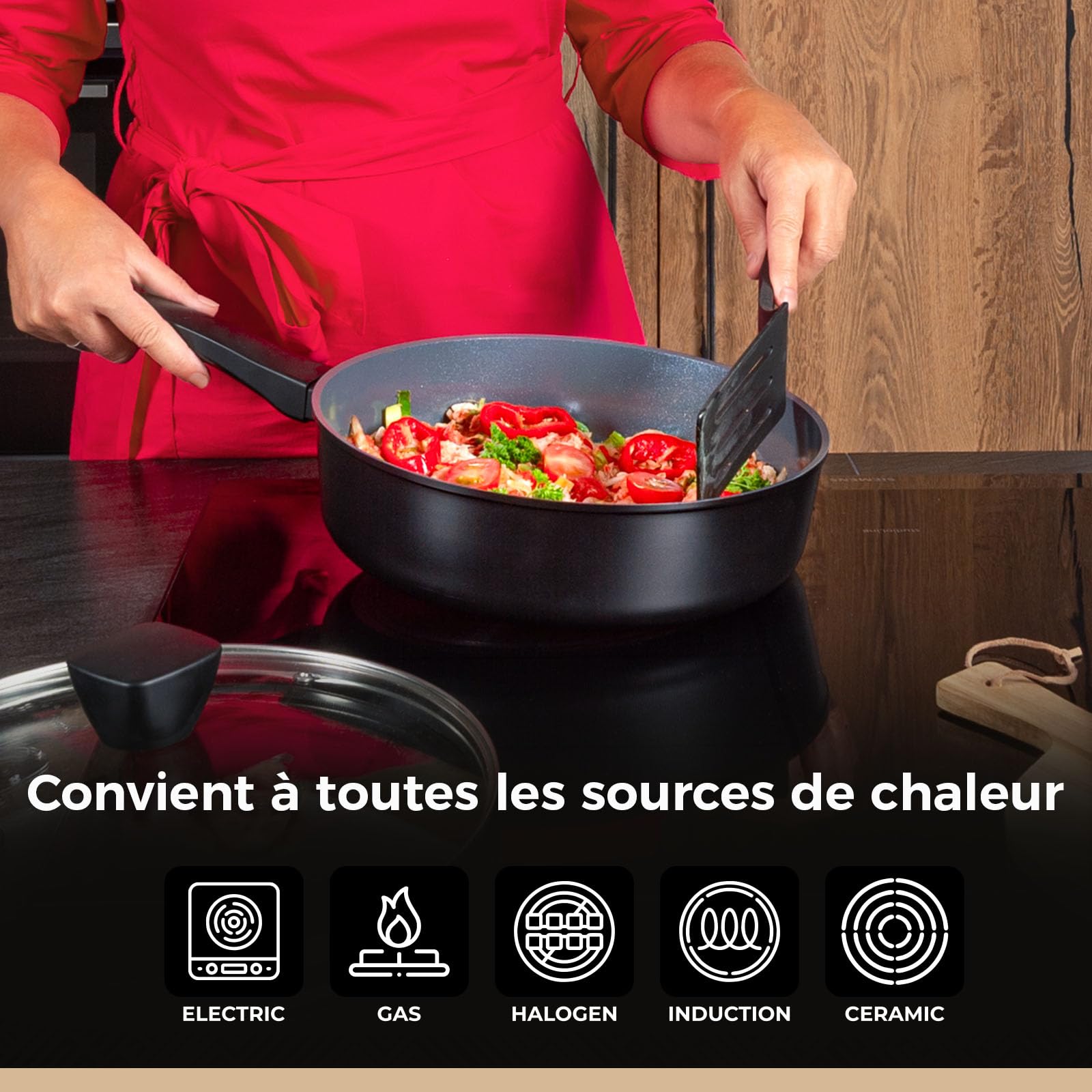 BE Living Poêle Sauteuse avec Couvercle - Ø 28 cm, Bord Haut, Revêtement Céramique Antiadhésif, Induction, Sans PTFE et PFOA, Noir