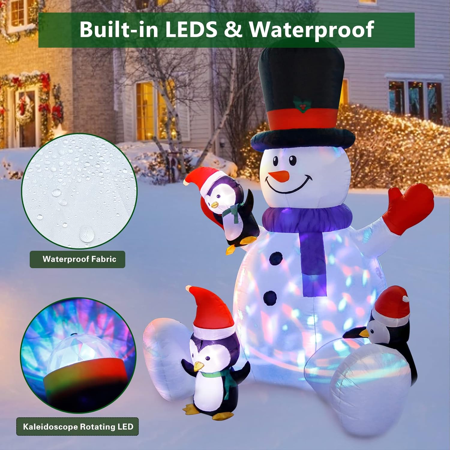 7Ft Christmas Inflatable Seated Snowman with 3 Penguins,Built-in Colorful Rotating RGB LED Lights,Xmas Inflatable Outdoor Decorations for Patio Lawn Yard Garden