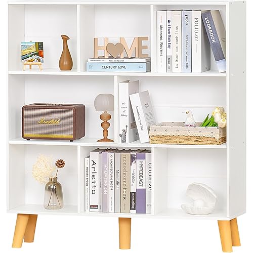YAHARBO 8 Cube White Bookshelf,3 Tier Book Shelf with Legs,Modern Minimalist Bookcase,Open Book Shelves Storage Organizer,Frees Standing Wooden Display Bookcases for Small Space,Bedroom,Living Room