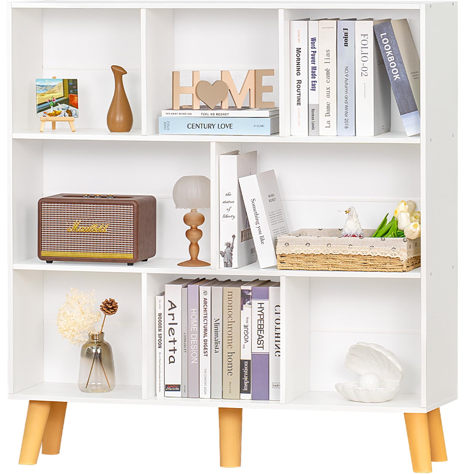 YAHARBO 8 Cube White Bookshelf,3 Tier Book Shelf with Legs,Modern Minimalist Bookcase,Open Book Shelves Storage Organizer,Frees Standing Wooden Display Bookcases for Small Space,Bedroom,Living Room