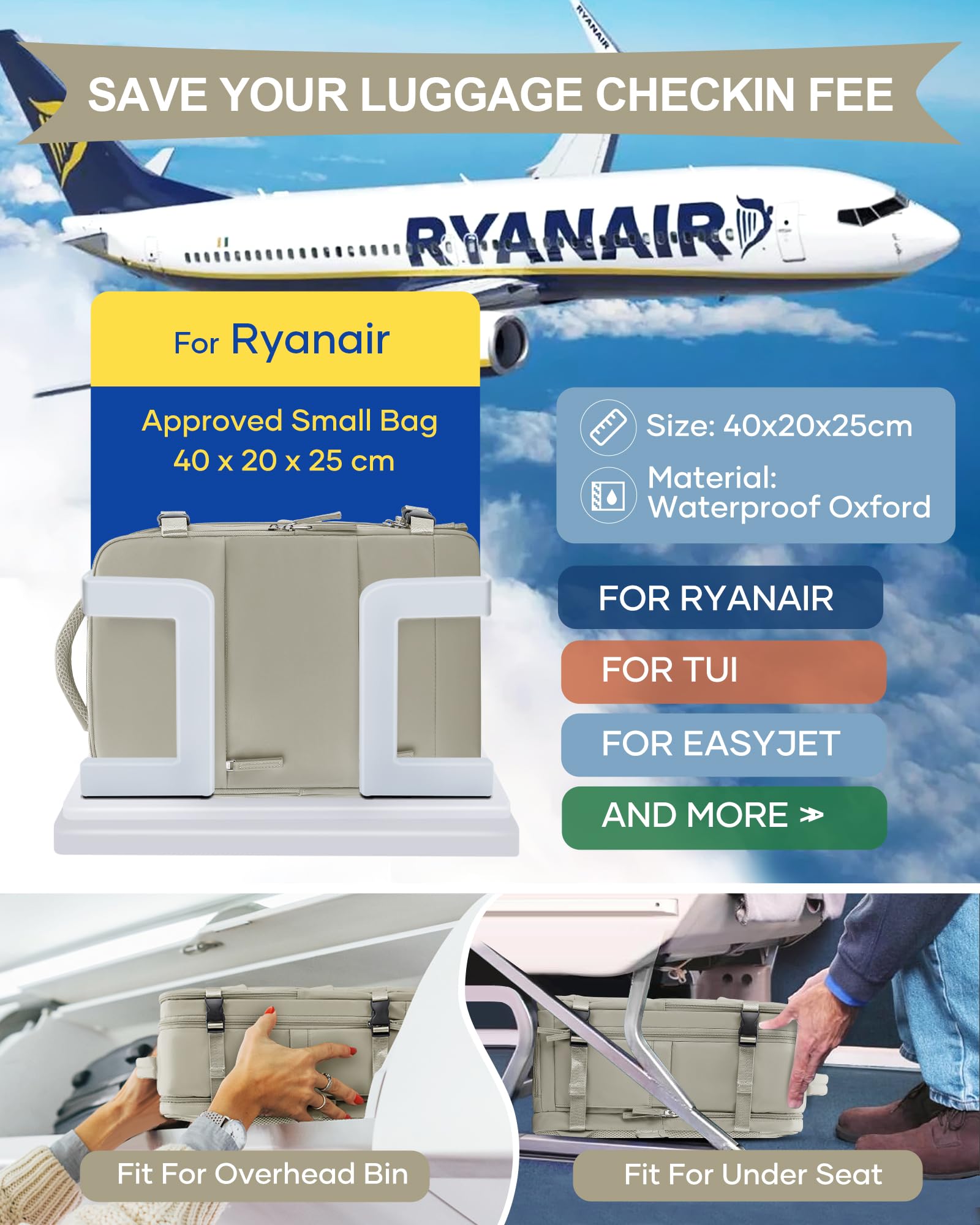 SZLX Zaino Ryanair 40x30x20 Sottovuoto con Pompa Zaino Ryanair 40x20x25 Donna Zaino da Viaggio Wizzair Bagaglio a Mano Uomo per Laptop da 14 Pollici Borse da Cabina 45x36x20 Easyjet con Porta Scarpe