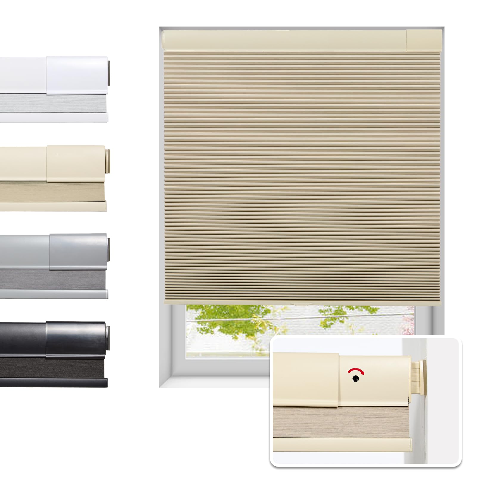 No Drill Cellular Shades for Indoor Windows, Thermal Insulating & Noise Reducing Honeycomb Blinds, Free Stop Cordless Blackout Shades, Beige, 25 1/2" W x 64" H