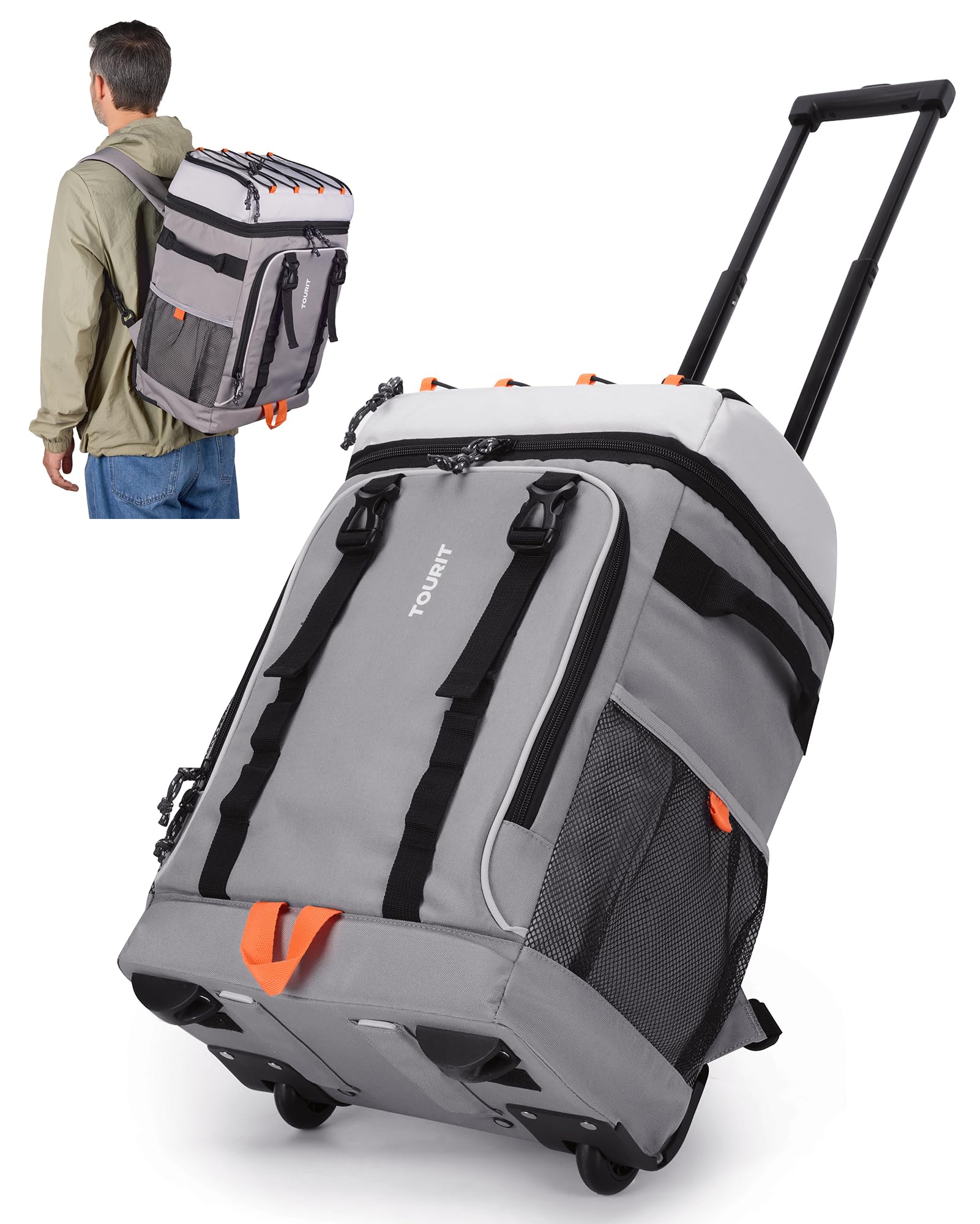 TOURIT 50-Can Rolling Backpack, Double Deck & Dual-Bar Handle Travel Soft Cooler Bag with Wheels, 30L Space Beach Cooler Size 18"(15"+3")×13"×11"