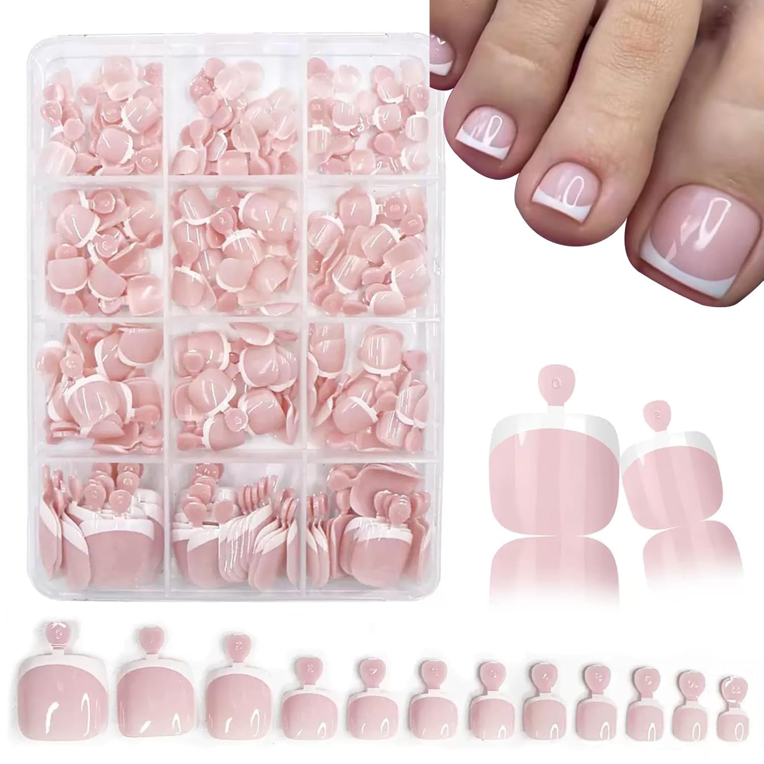 Photo 1 of 240Pcs White French Tip Press on Toenails Short Square Fake Toe nails Press ons with Design Stick on Toe nails Reusable Acrylic False ToeNails Artificial Glue on Toenails for Women Nails Manicure