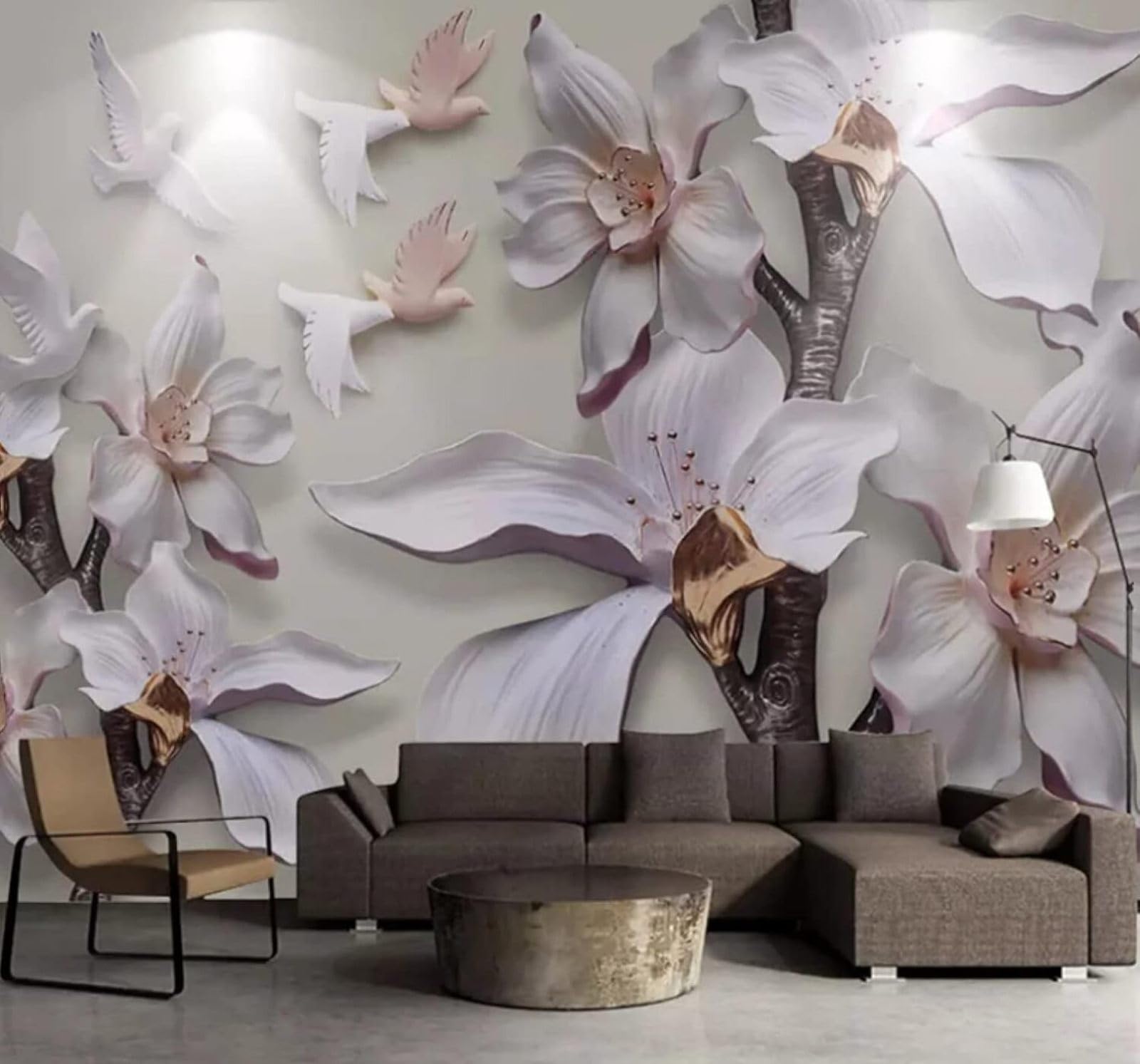 XLMING Three Dimensional Relief White Magnolia Birds 3D Wallpaper Luxury Home Dining Decor Paste Sofa Living Room The Wall for Bedroom Mural-430cm×300cm