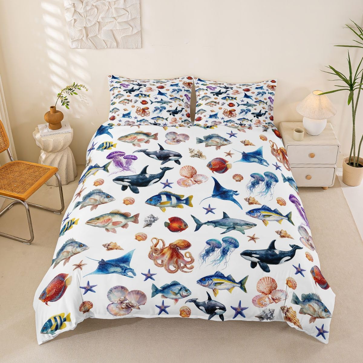 Homewish Ocean Super King poszewka na kołdrę orka wieloryb okonia ryba zestaw pościeli meduza ośmiornica poszewka na kołdrę przybrzeżne życie morskie zestawy łóżek