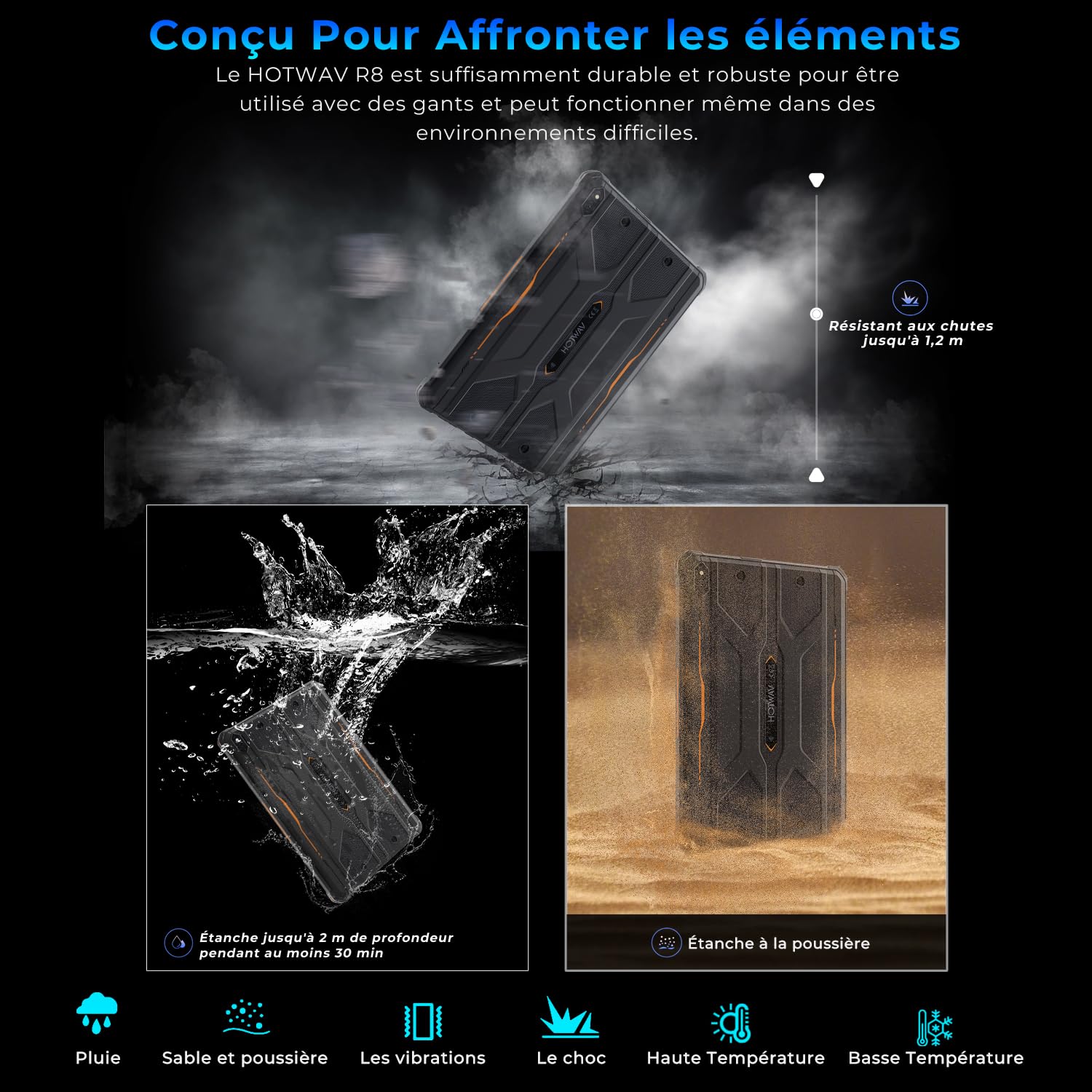 HOTWAV R8 12Go+128Go/TF 1To 10800mAh 10.1" Android 14 Tablette Incassable | 13MP+5MP Caméra HD+ Octa-Core Tablette Chantier, Dual SIM/4G/WLAN 5GHz/IP68&IP69K/Face ID/GPS/OTG, Noir