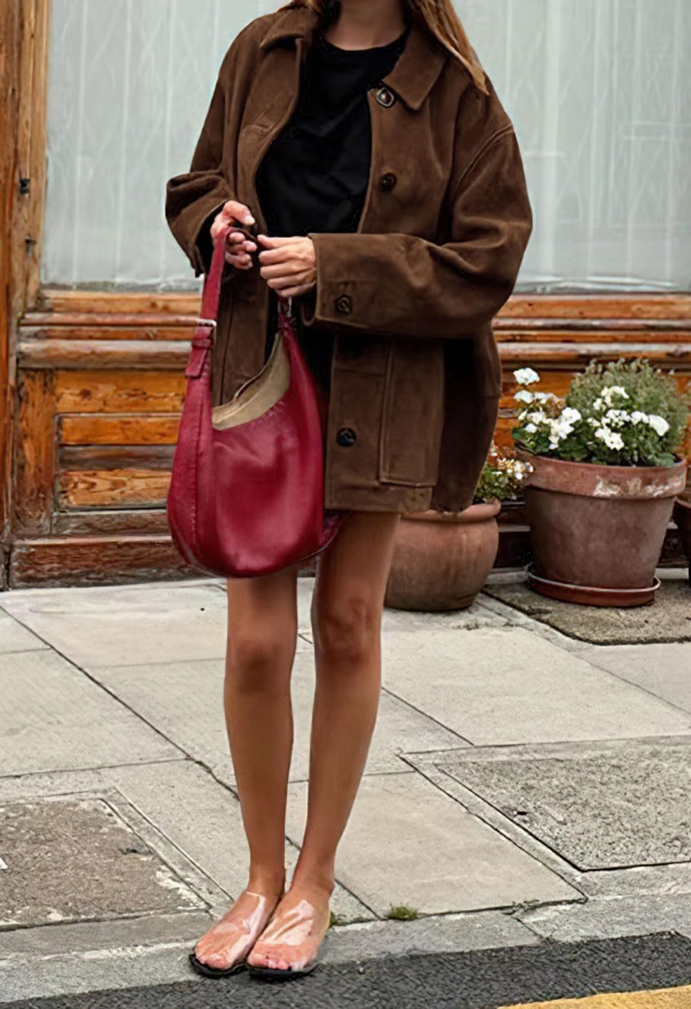 chouyatou Women's Fall Boyfriend Faux Suede Leather Jacket Casual Midi Long Button Down Shacket Coat - Image 3