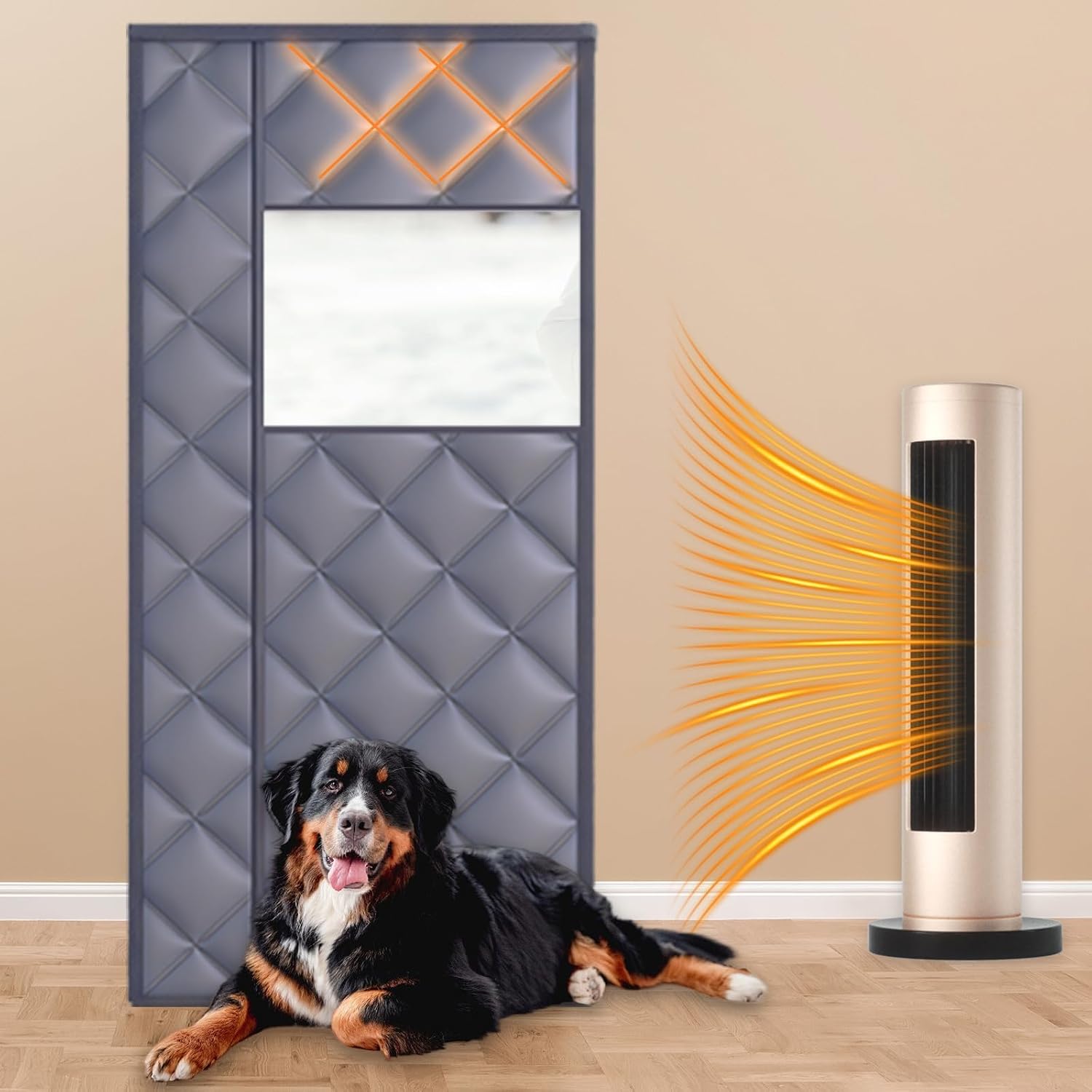 32”x80” Magnetic Thermal Insulated Door Curtain, Gray Sideway Open Winter Door Cover with Visible Panels Oxford Cloth Thickened Cotton Keep House Warm for Soundproof Draft Blocker