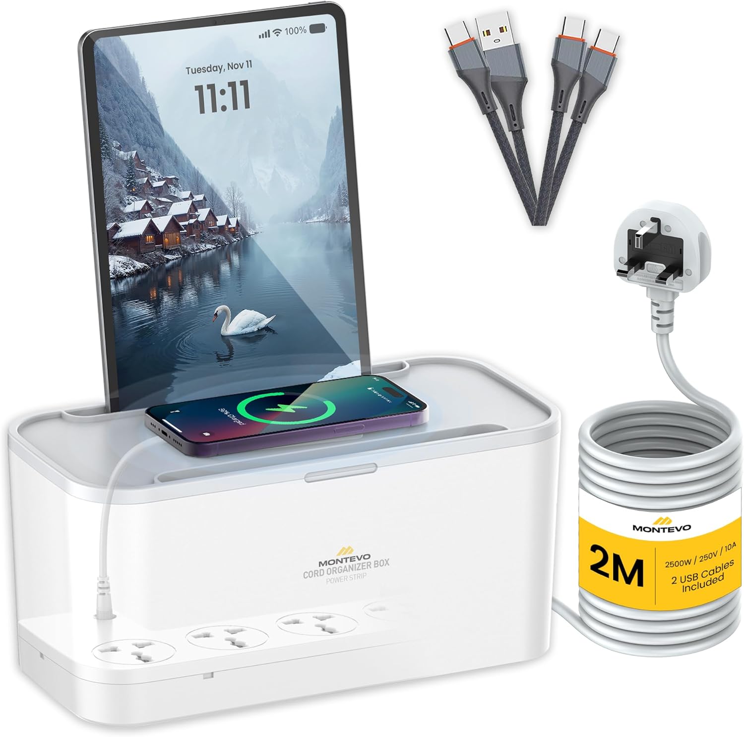 Power Extension Cord Organizer Box with Wireless Charging, 5 Universal Outlets, USB-C PD3.0 and USB-A QC3.0 Fast Charging, 2 USB Cables, 2M Cable, Desk Cable Management (5 in 1)