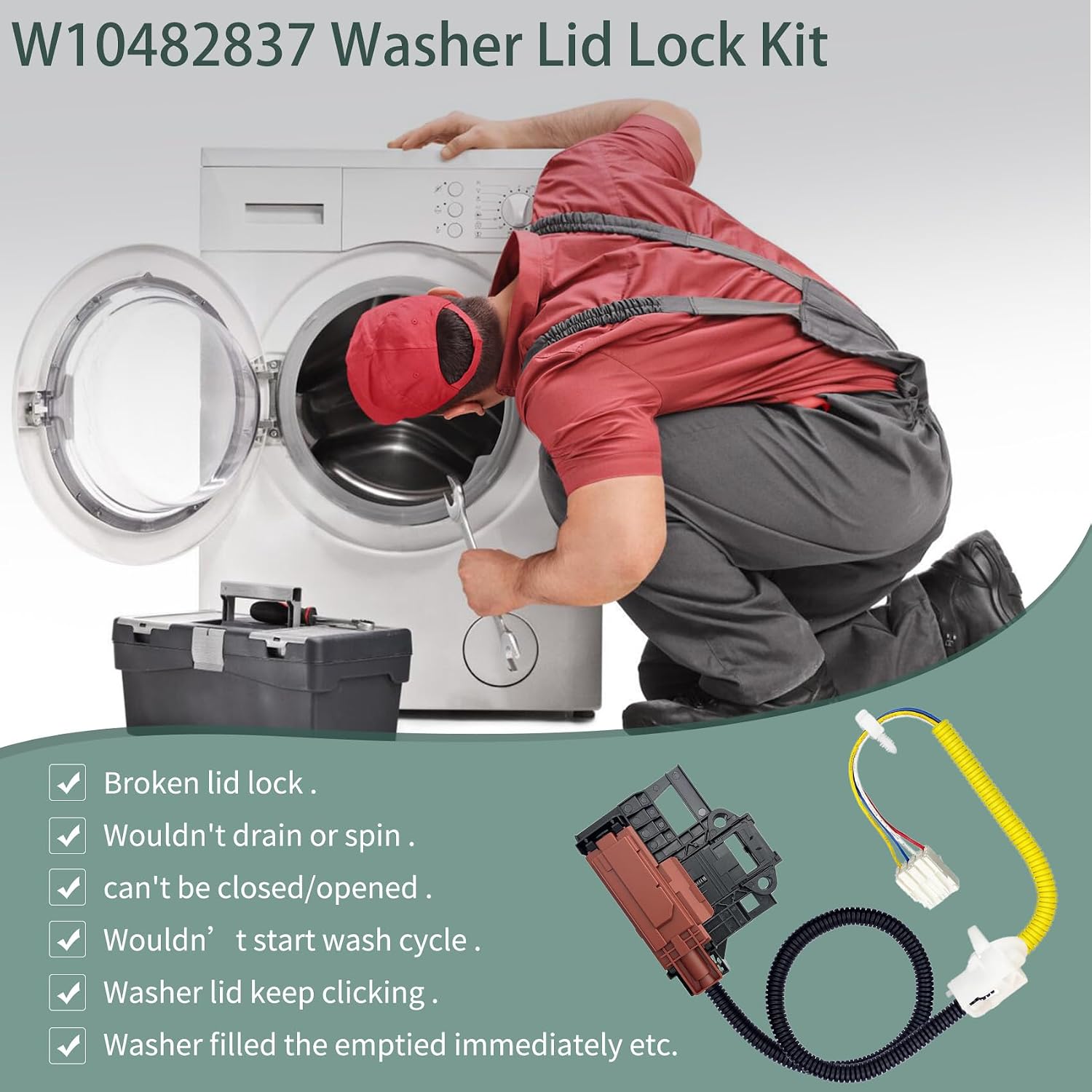 WPW10482837 W10482837 Washer Lid Lock Latch Fit for maytag whirlpool MAT20CSAGW0 MAT20PDAGW0 MAT20PNAGW0 MVW18CSAGW0 XCAE2763BQ0 Replace 4447556 OEM24105706 PS11755479 EAP11755479 FIX11755479