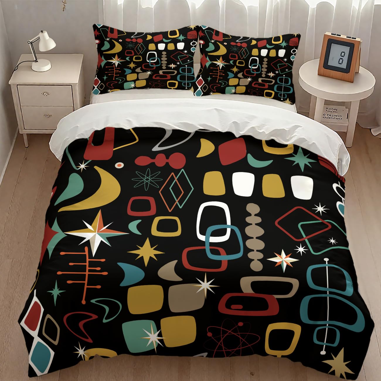 Modern Geometric Comforter Set,Retro Mid Century Colorful Diamond Abstract Geometric Vintage 60s 70s Pattern Bedding Set with Pillowcase for Bedroom Bed Decor,King 102"x90"