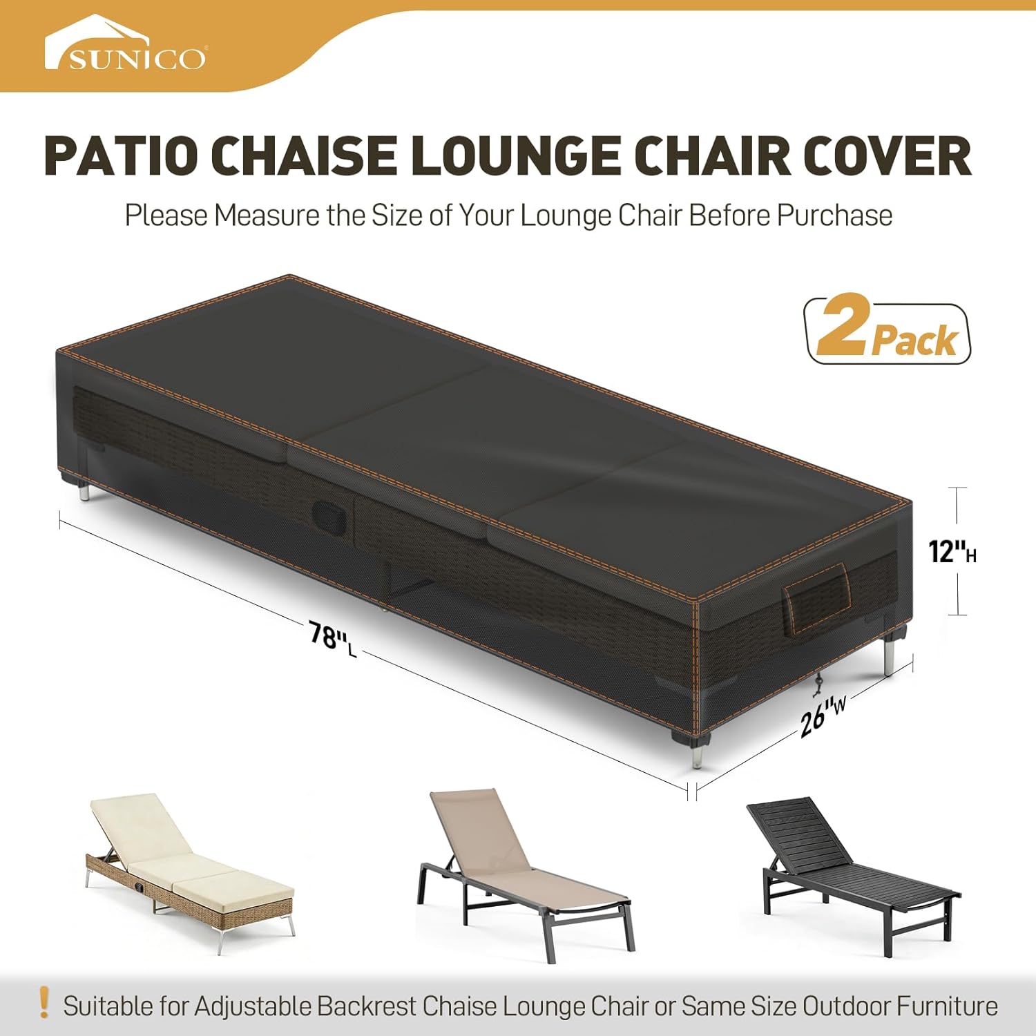 SUNICO Outdoor Lounge Chair Covers 2 Pack, 78" L x 26" W x 12" H Chaise Lounge Covers Outdoor Waterproof, Patio Lounge Chair Cover for Patio Furniture, UV Fade Protection, Tear-Resistant, Black