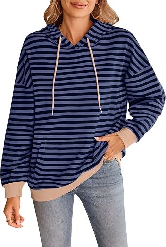 Womens Casual Long Sleeve Striped Hoodie, Oversized Pullover Sweatshirt with Pockets, Loose Fitted Female Tops 2024