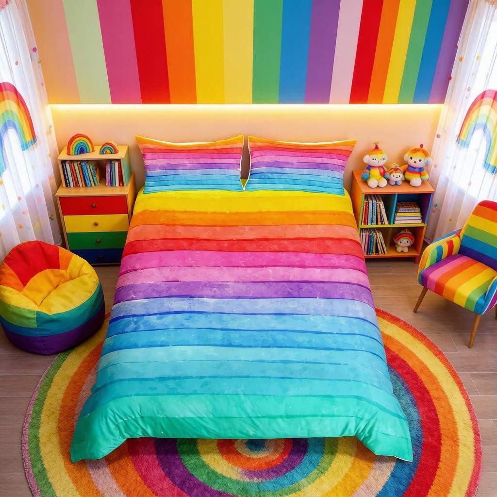 Loussiesd Rainbow Bedding Set Colorful Stripes Duvet Cover Set for Kids Boys Girls Rainbow Wooden Stripes Comforter Cover Set Multicolor Quilt Cover King Size — image 1