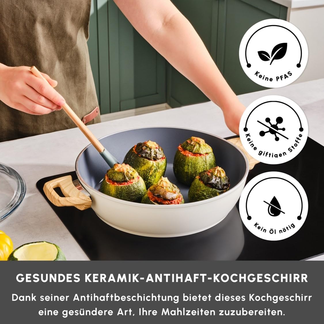 Karaca Swiss Crystal Casserole Dish with Lid - Non-Stick Pots - Large Casserole Pot 26 cm - PFAS-Free, Dishwasher Safe, Induction Hob Compatible Cookware - (Cream, 2.9 Lt)